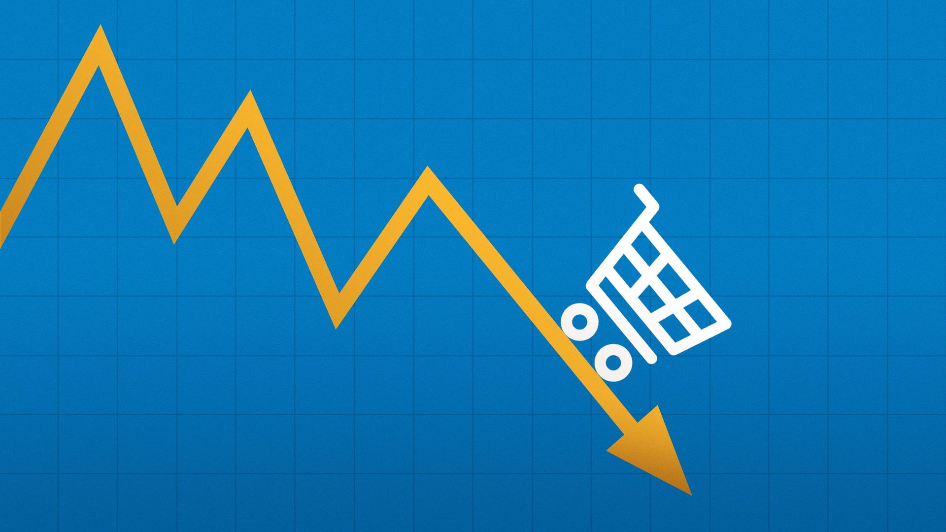Illustration of a trend line pointing downwards with a shopping cart.