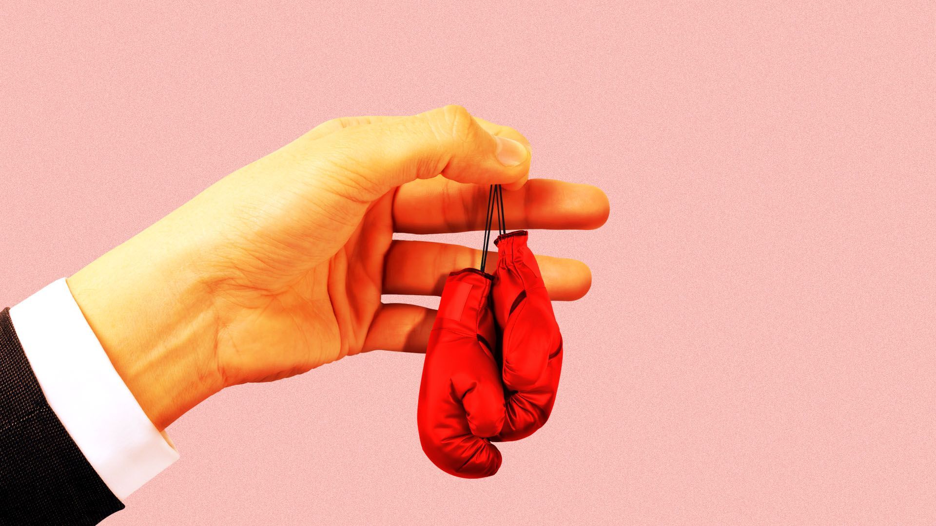 Illustration of a Trump-like hand holding a tiny pair of boxing gloves