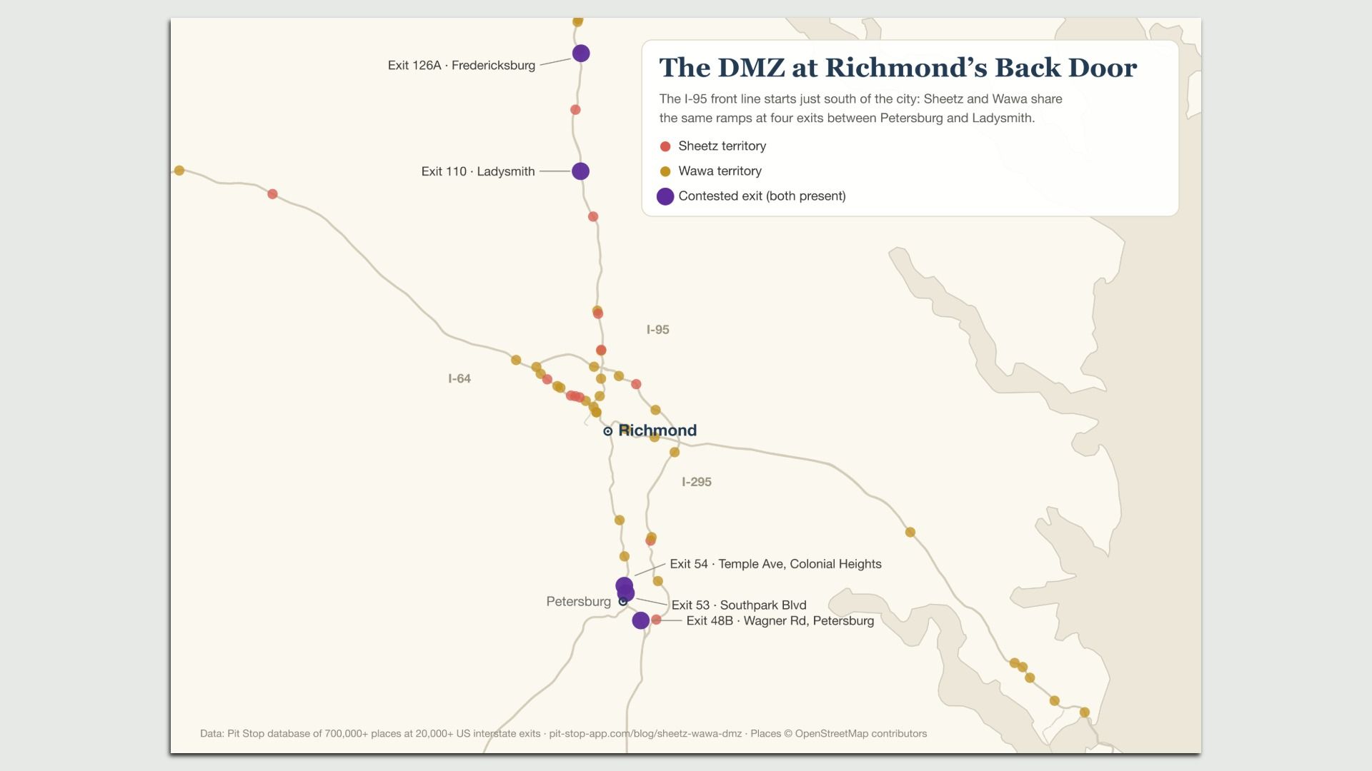Map titled "The DMZ at Richmond's Back Door" showing Sheetz red dots, Wawa gold dots, and purple contested exits around Richmond along I-95 and I-64 with labeled exits.
