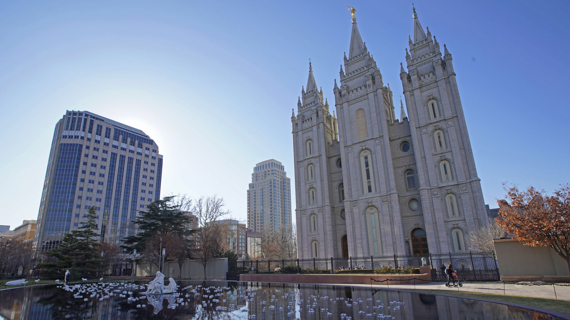 Urban skyline with a gray stone cathedral towering on the right, modern glass towers on the left, and a reflective pool with white petals in the foreground; a person walks nearby.