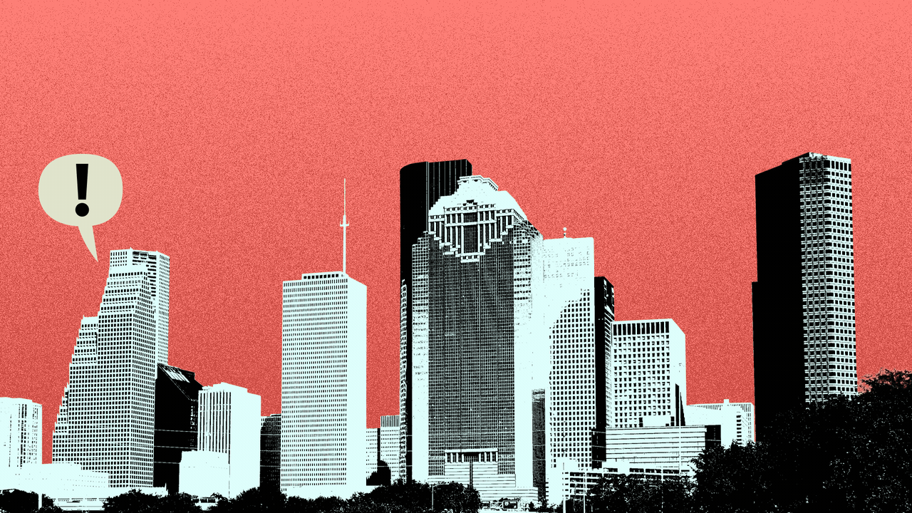Illustration of the Houston skyline with word balloons with exclamation points in them popping up above it from left to right.