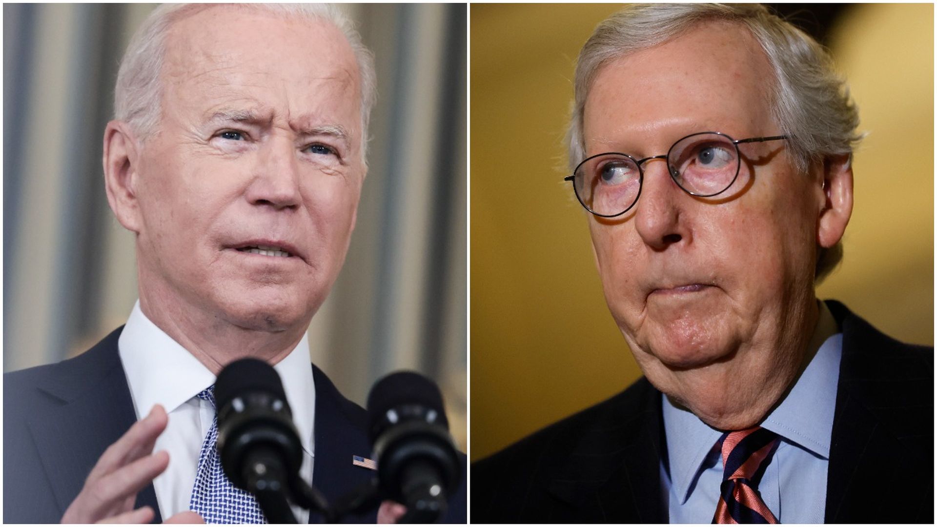 Photo of Joe Biden speaking on the left and Mitch McConnell on the right