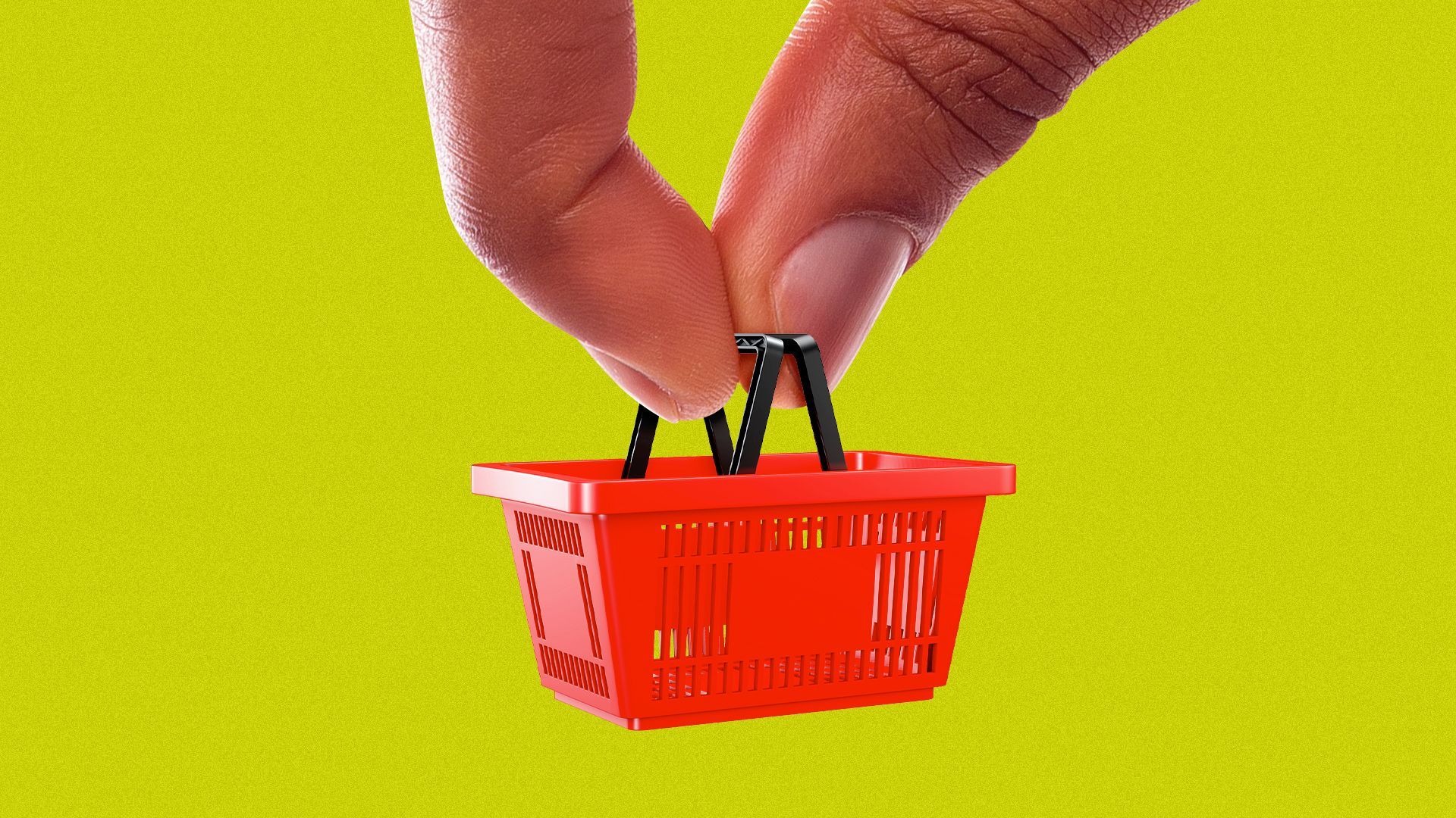 Illustration of a hand holding a tiny shopping basket pinched between two fingers. 