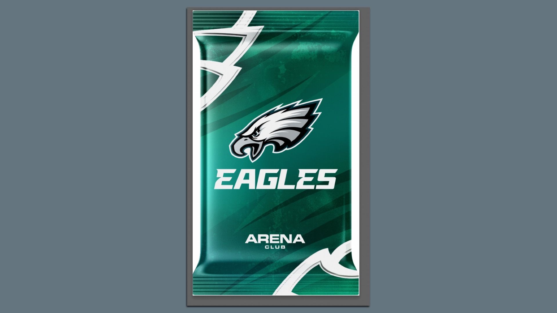 Vertical poster with a teal-green background, featuring the Philadelphia Eagles logo (white and black eagle head) and the bold white word 'EAGLES,' with 'ARENA CLUB' at the bottom, framed by a gray border.