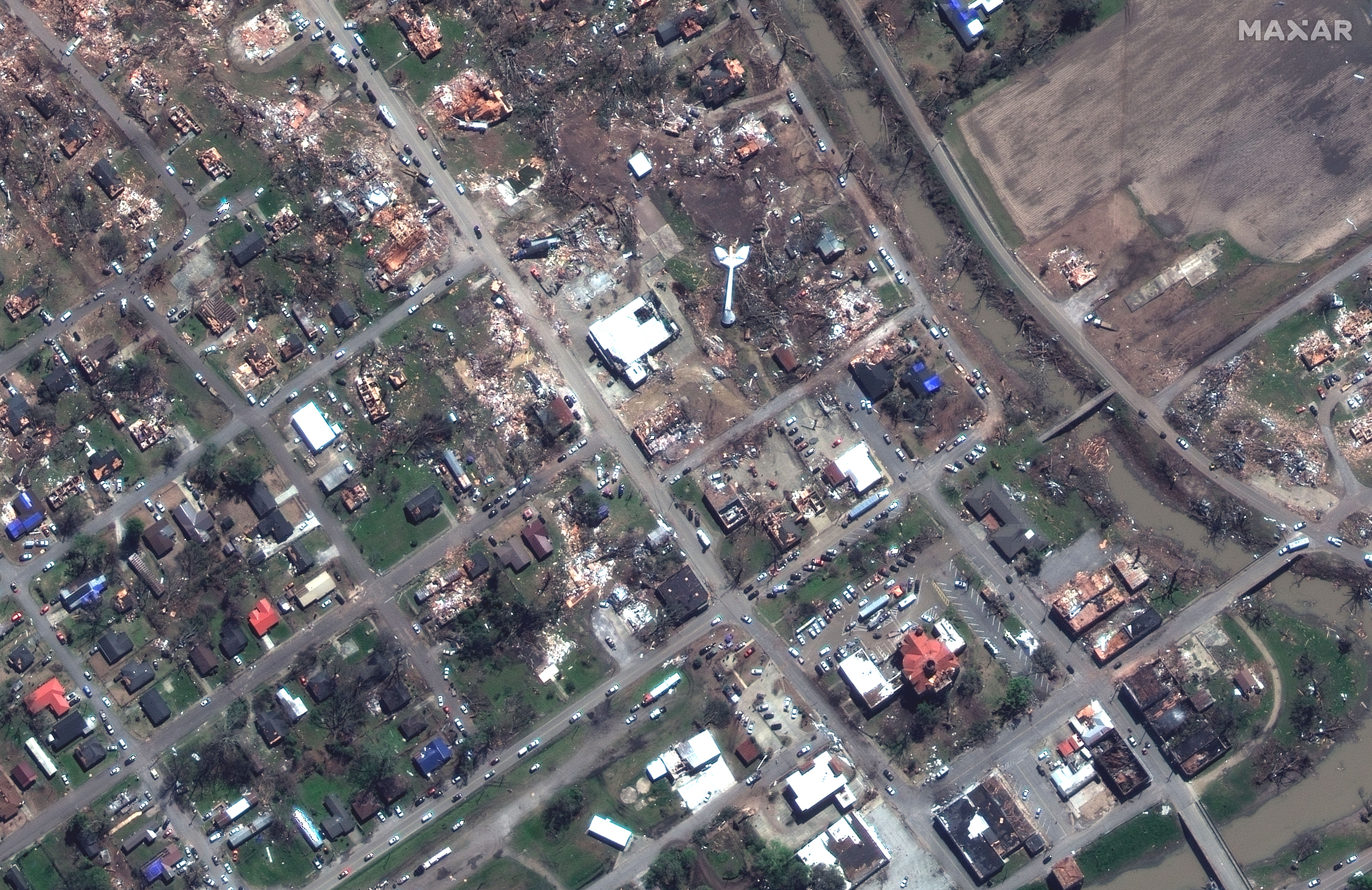 Satellite image of homes in Rolling Fork, Mississippi after a tornado. 