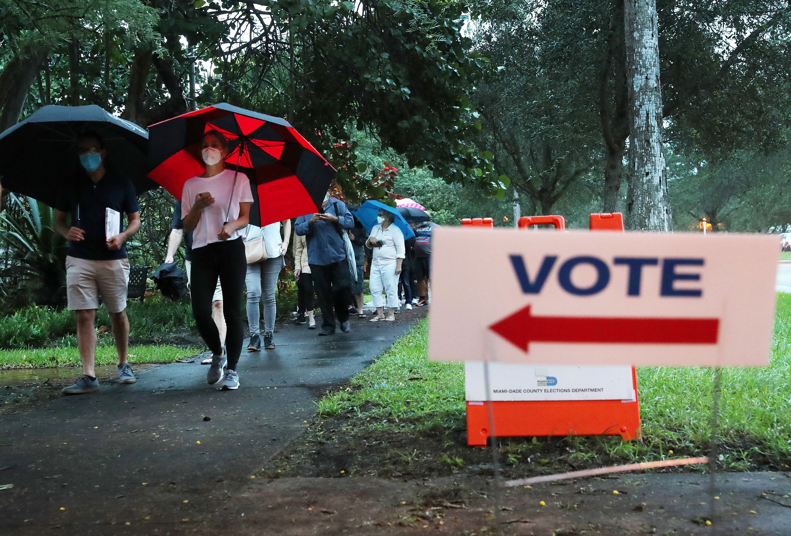 A line of people holding umbrellas stand outside in front of trees to vote