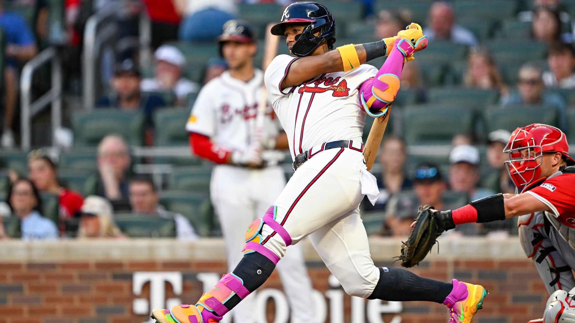 Atlanta right fielder Ronald Acuna Jr. (13) hits a line drive during the MLB game between the Los Angeles Angels and the Atlanta Braves.