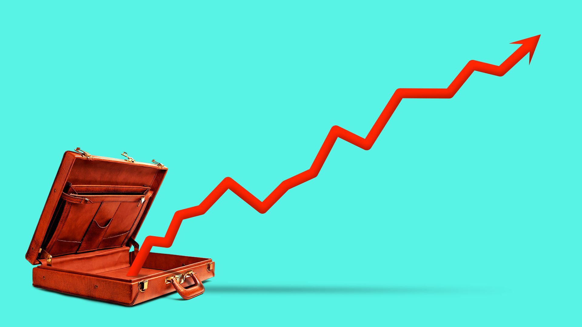 Illustration of an open briefcase with an upwards trending line popping out.  