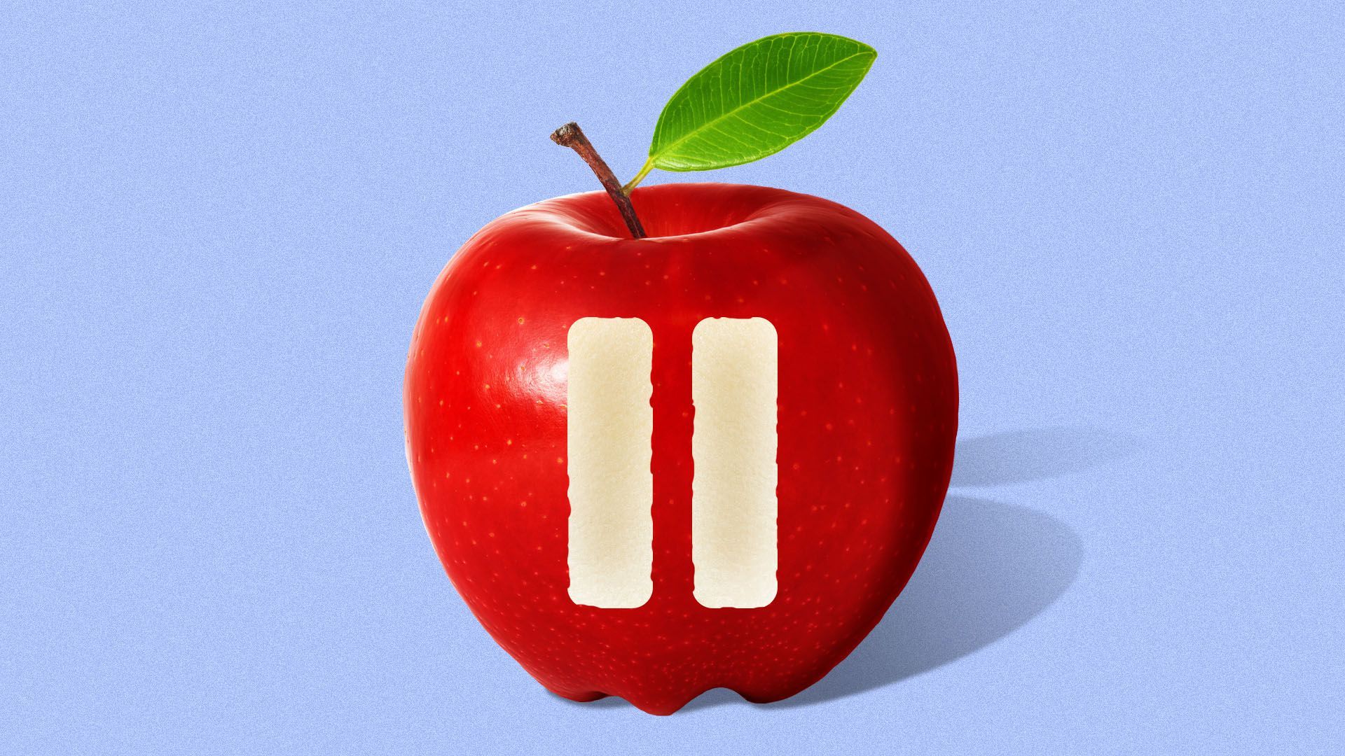 Illustration of an apple with two bites taken out of it in the shape of a pause button