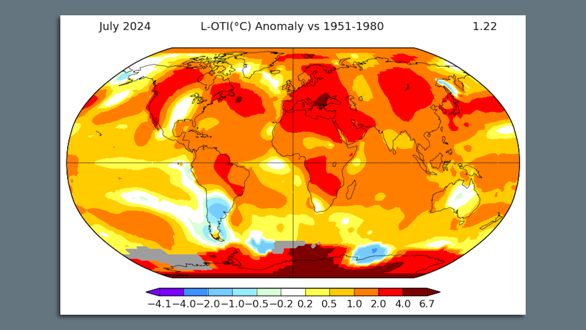 Map of the globe showing average surface temperature departures from average during July 2024.