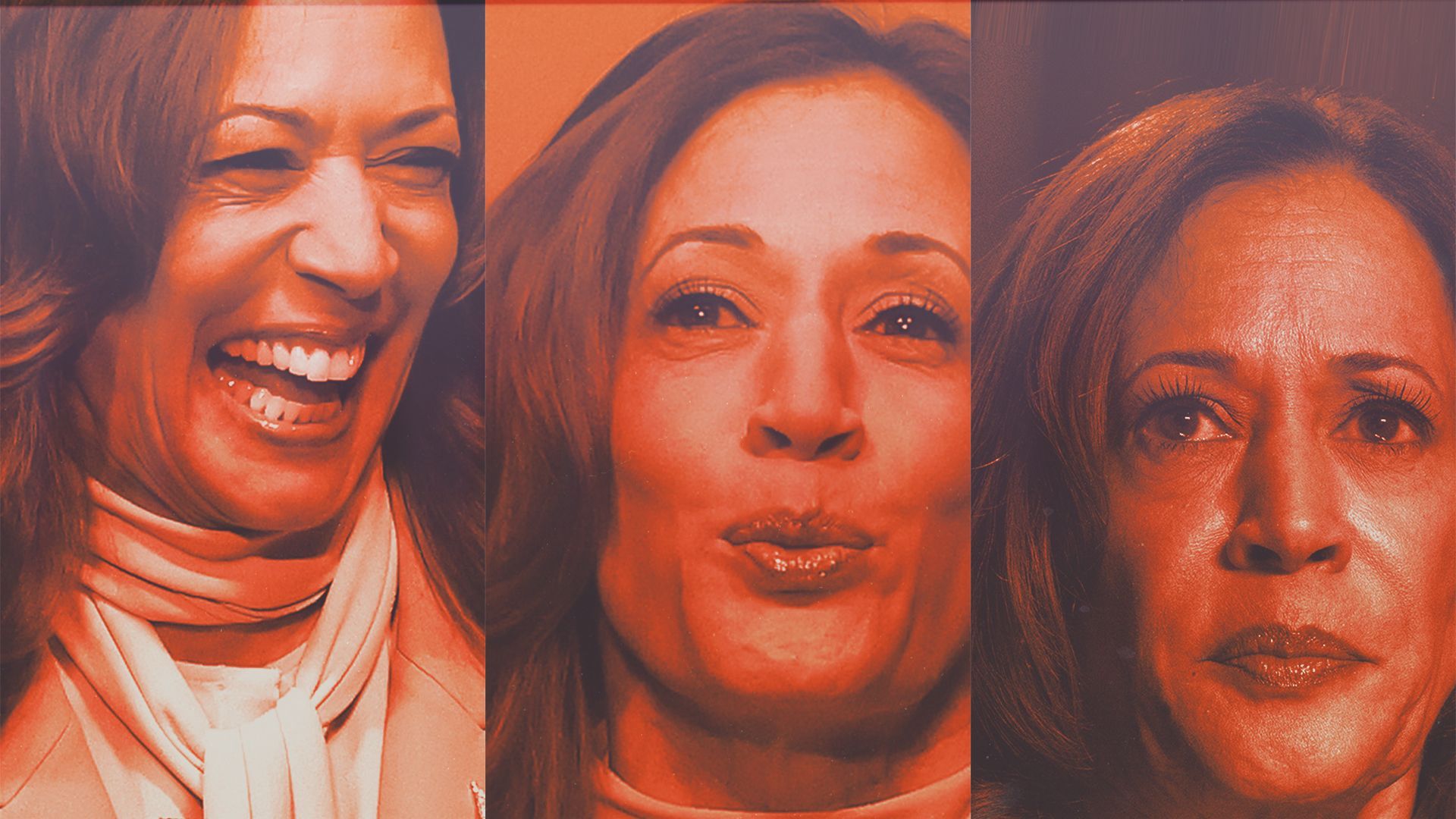 Photo illustration of Kamala Harris photos, with her expression changing from laughing to serious.