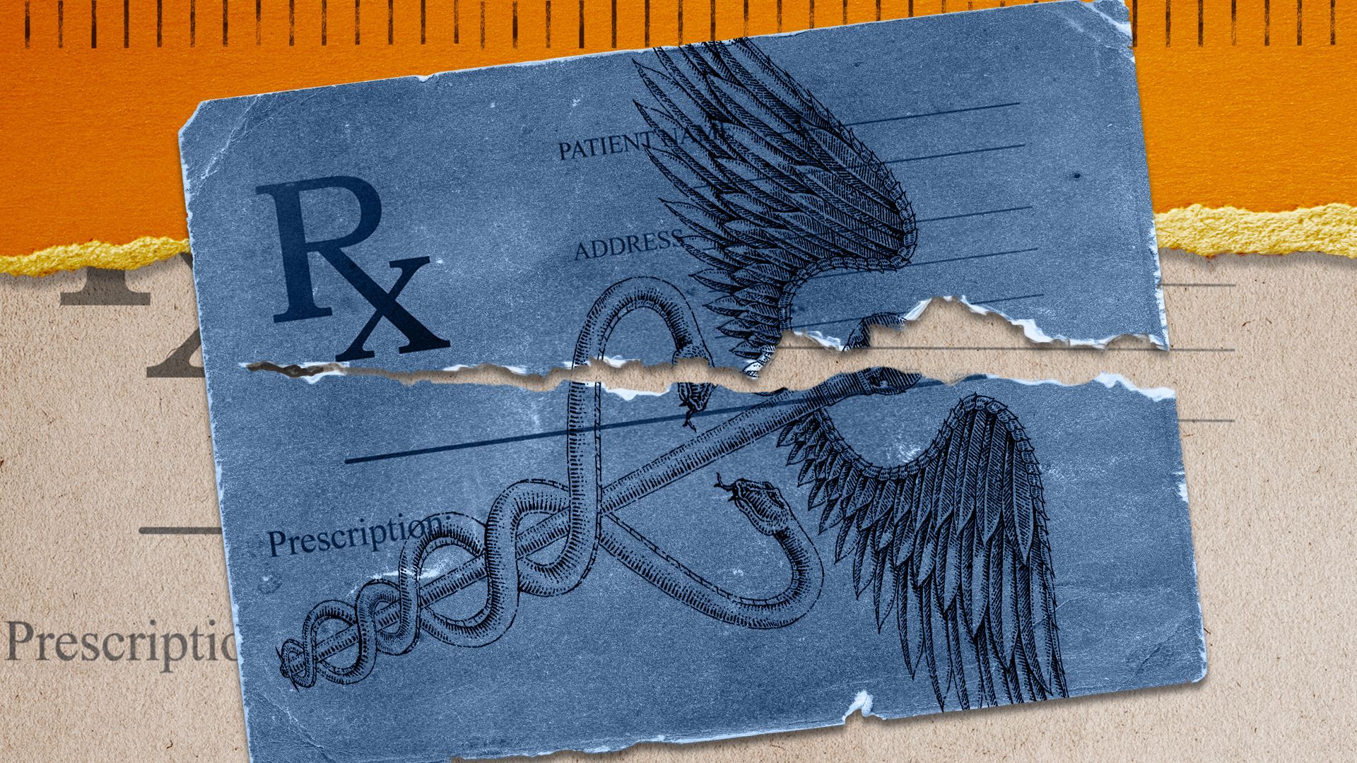 Illustration of a caduceus and a prescription pad on a collage of torn paper