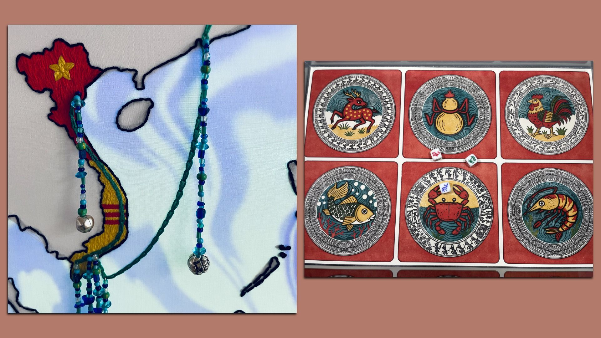 Two pieces of art. One is an embroidered map, and one is a canvas with six seals each featuring a different animal.