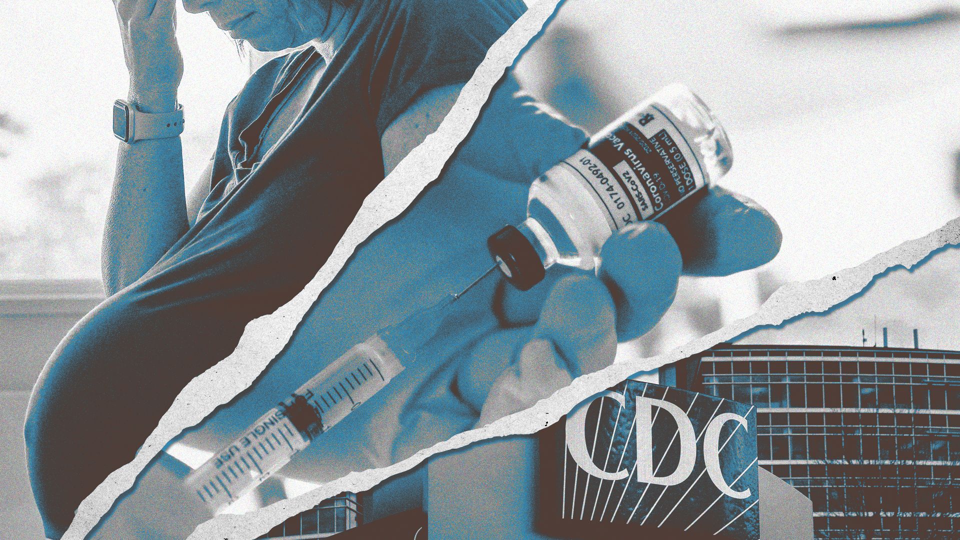 Photo illustration of a collage featuring a pregnant woman with her hand to her head, gloved hands drawing vaccine from a vial into a syringe, and the headquarters of the Centers for Disease Control.