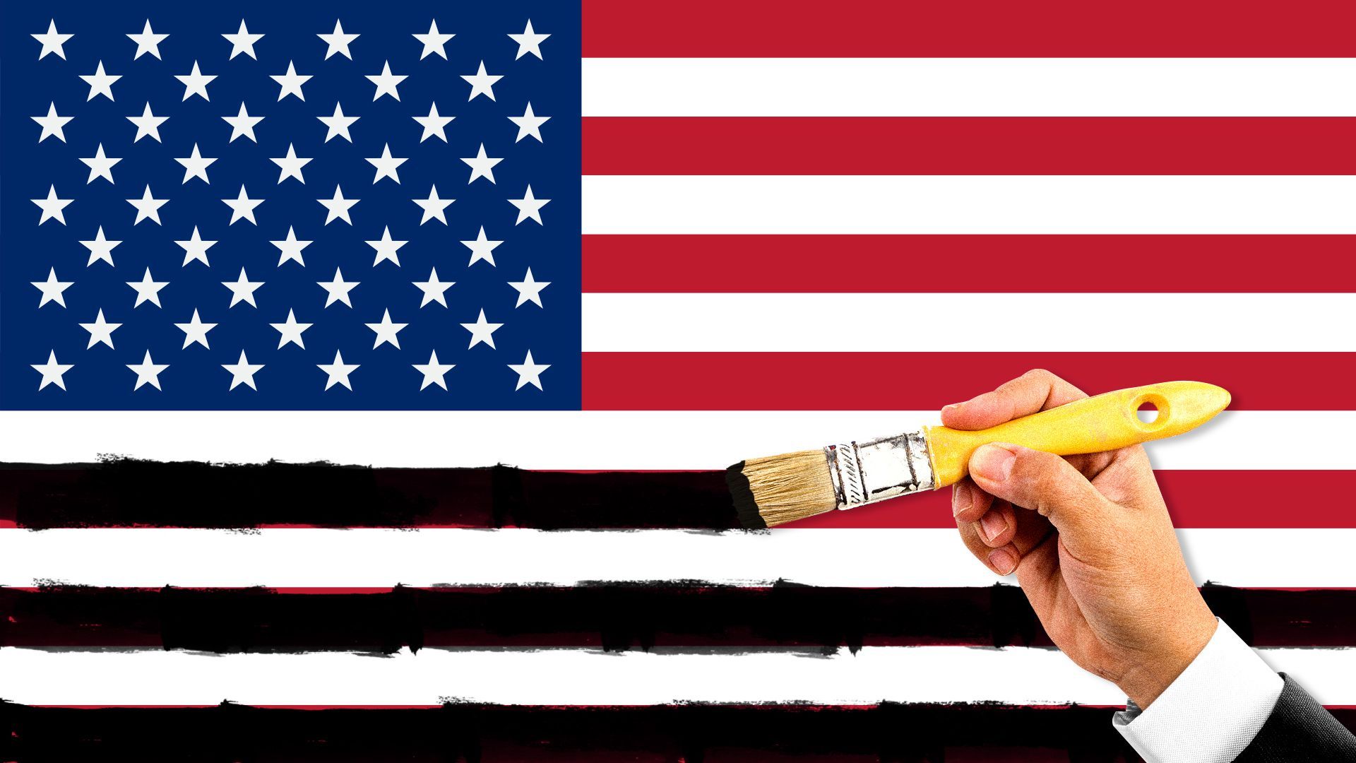 Hand painting black lines over american flag