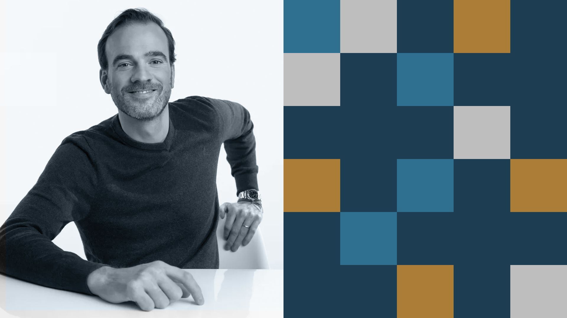 a photo illustration of Edward Kliphuis of Sofinnova Partners surrounded by rectangles forming health pluses