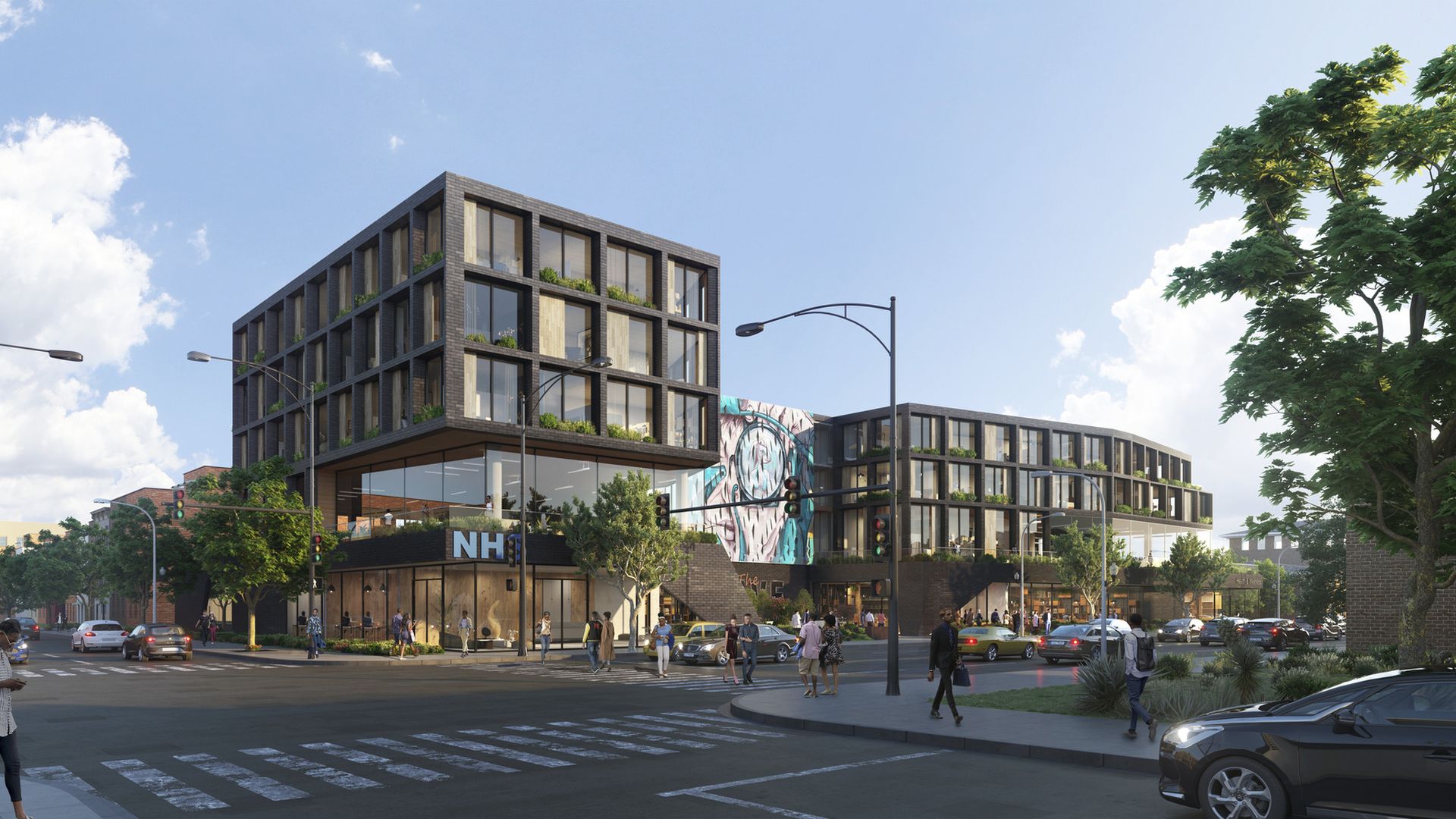 Rendering of a new building at an intersection 