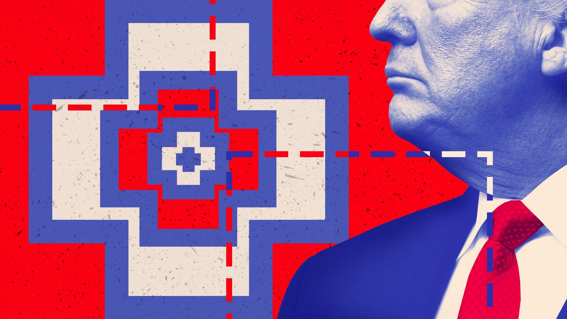 Photo illustration of President Donald Trump in profile with a pattern of plus symbols and dotted lines