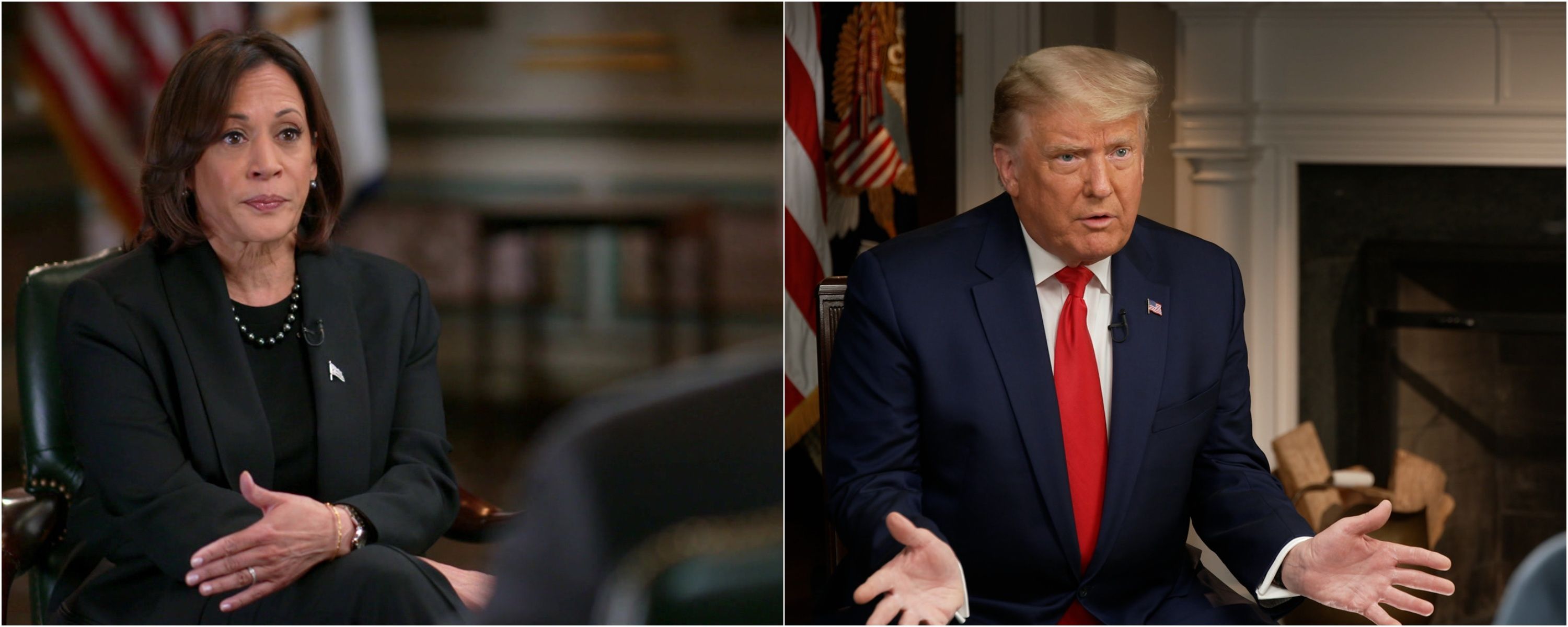 A side-by-side collage of Harris and Trump being on set of "60 Minutes"