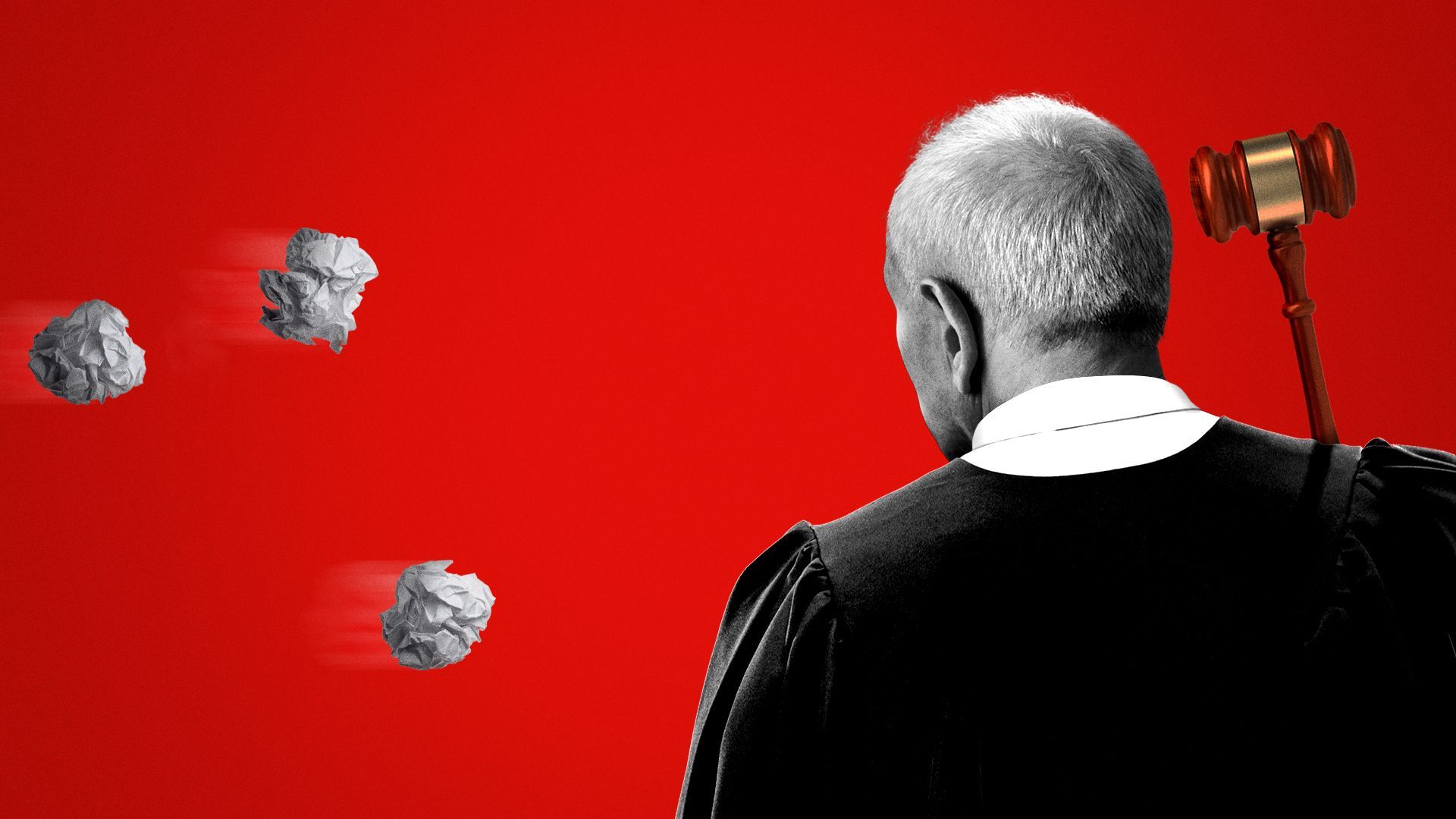 Illustration of a judge about to hit balled up pieces of paper like they are baseballs. 