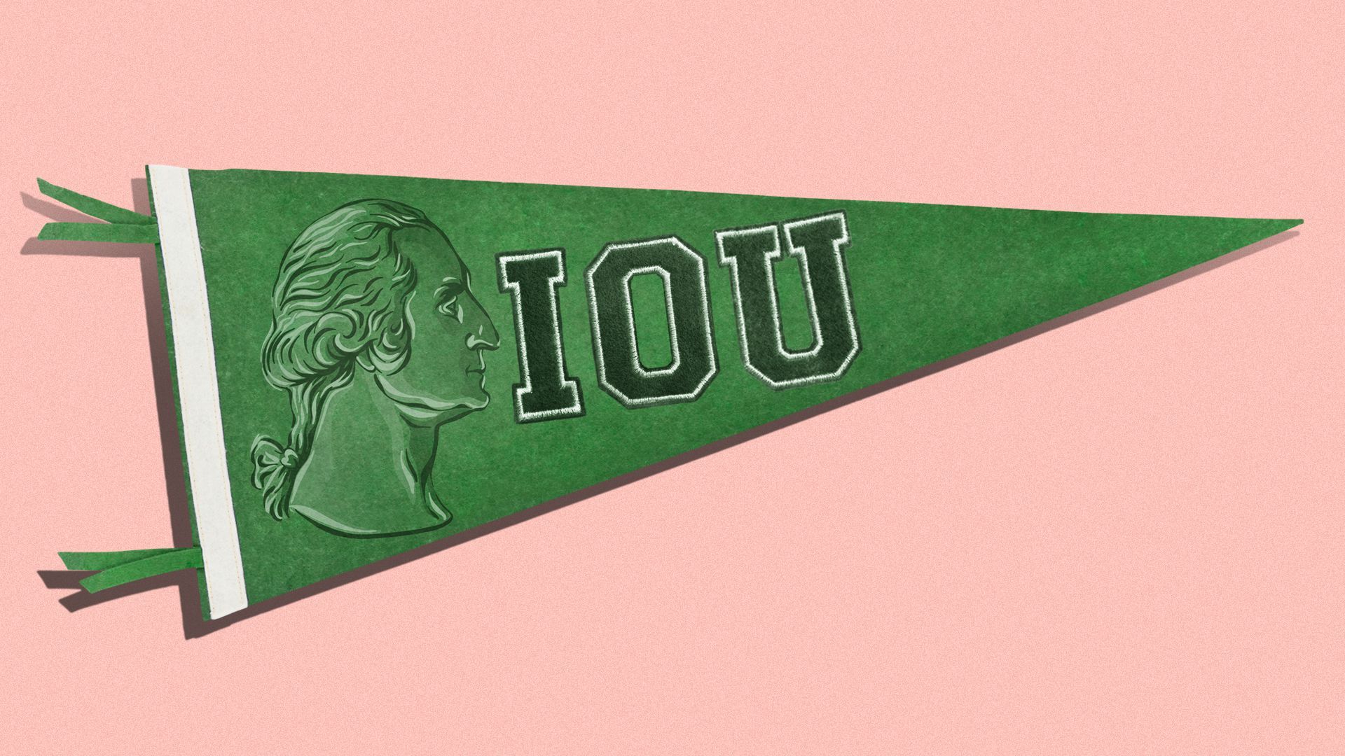 Illustration of a college pennant with George Washington on it and the letters "IOU"