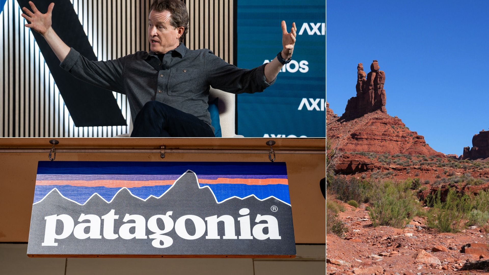 Collage: left panel shows a man on a stage with arms outstretched and a Patagonia banner; center panel a blue backdrop with logos; right panel red sandstone rock formation under a clear blue sky.