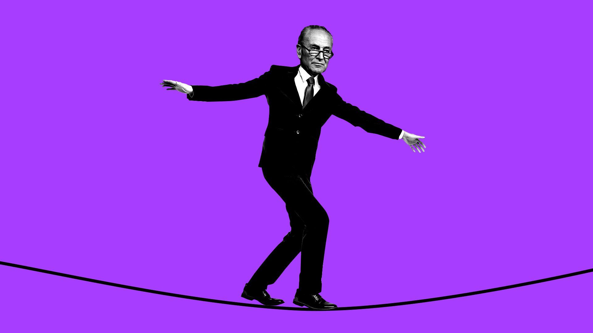 Photo illustration of Chuck Schumer on a tightrope.