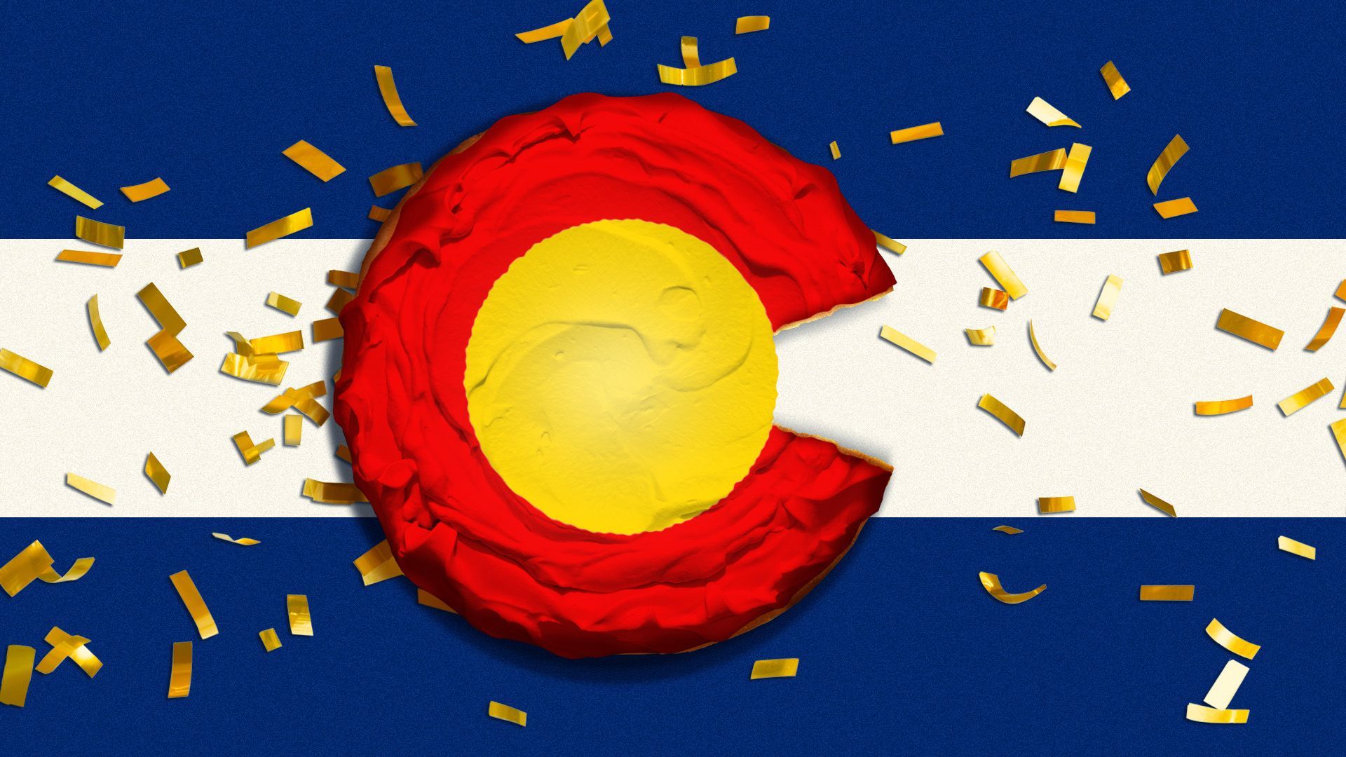 Illustration of the Colorado state flag in the shape of a cake with confetti around it