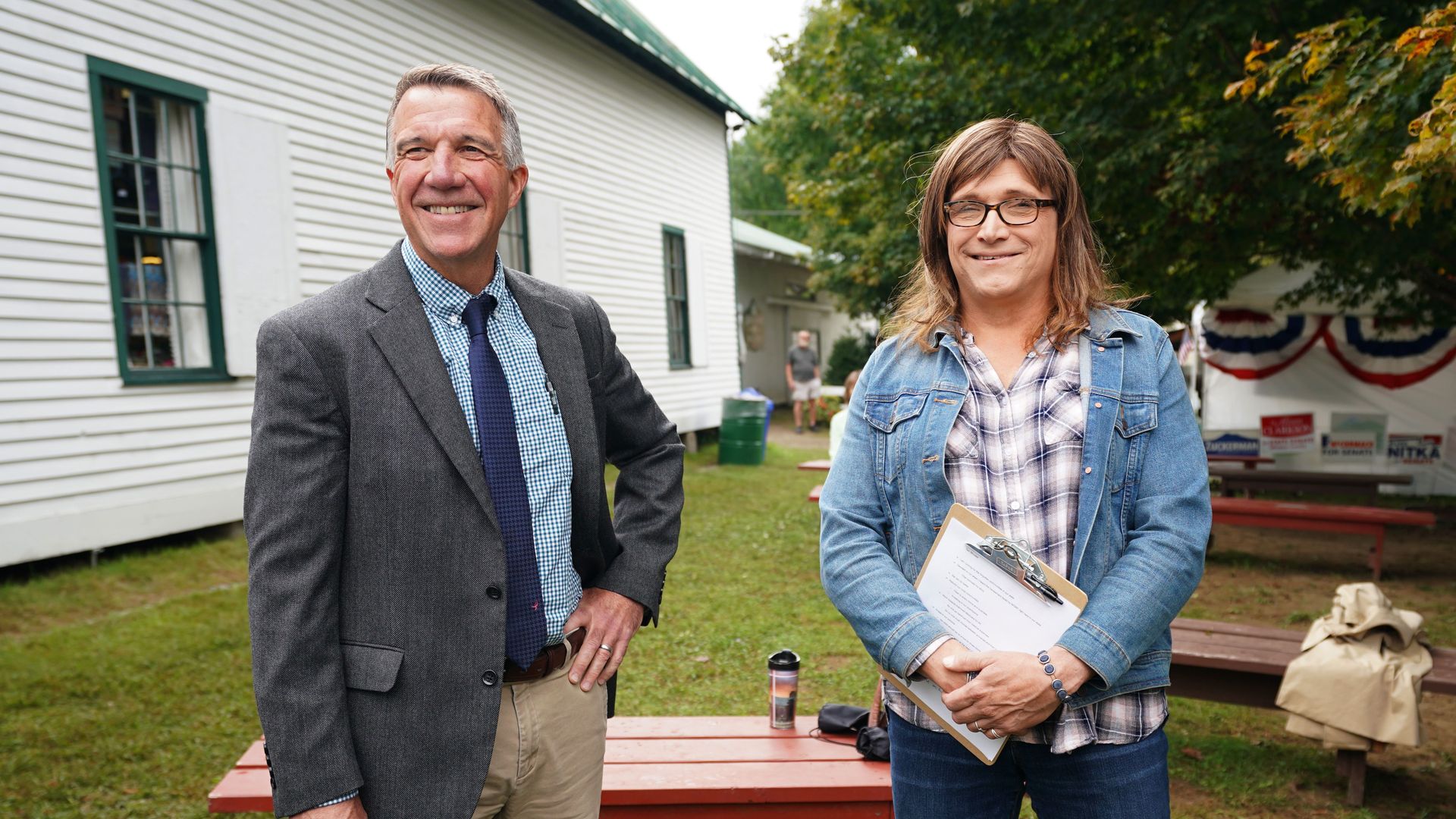 Photo of Republican Vermont Gov. Phil Scott standing next to 2018 challenger Christine Hallquist 