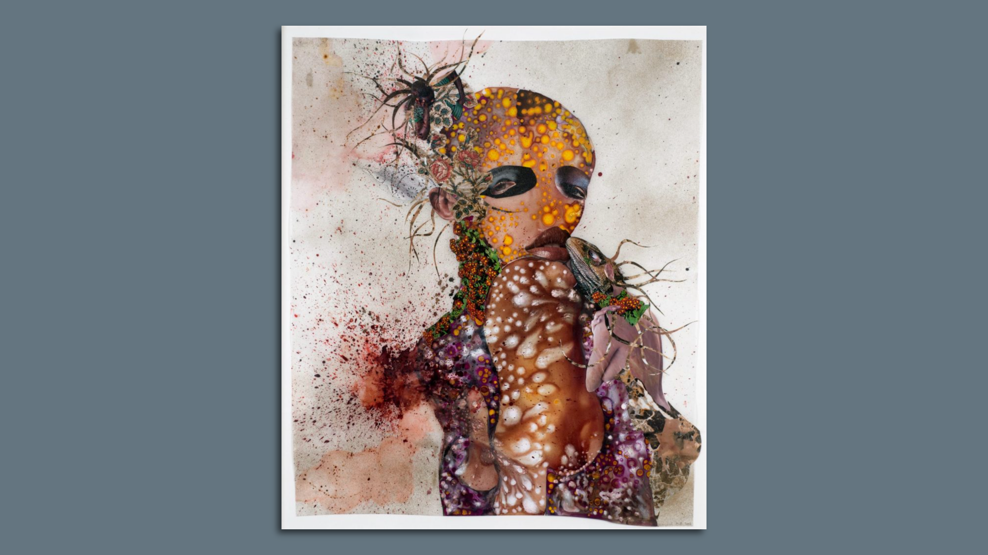 A photo of a piece of art by Wangechi Mutu. It is a mixed-media image featuring an abstract portion of a woman, perhaps in profile. Her eyes are misshapen and her skin is mottled.