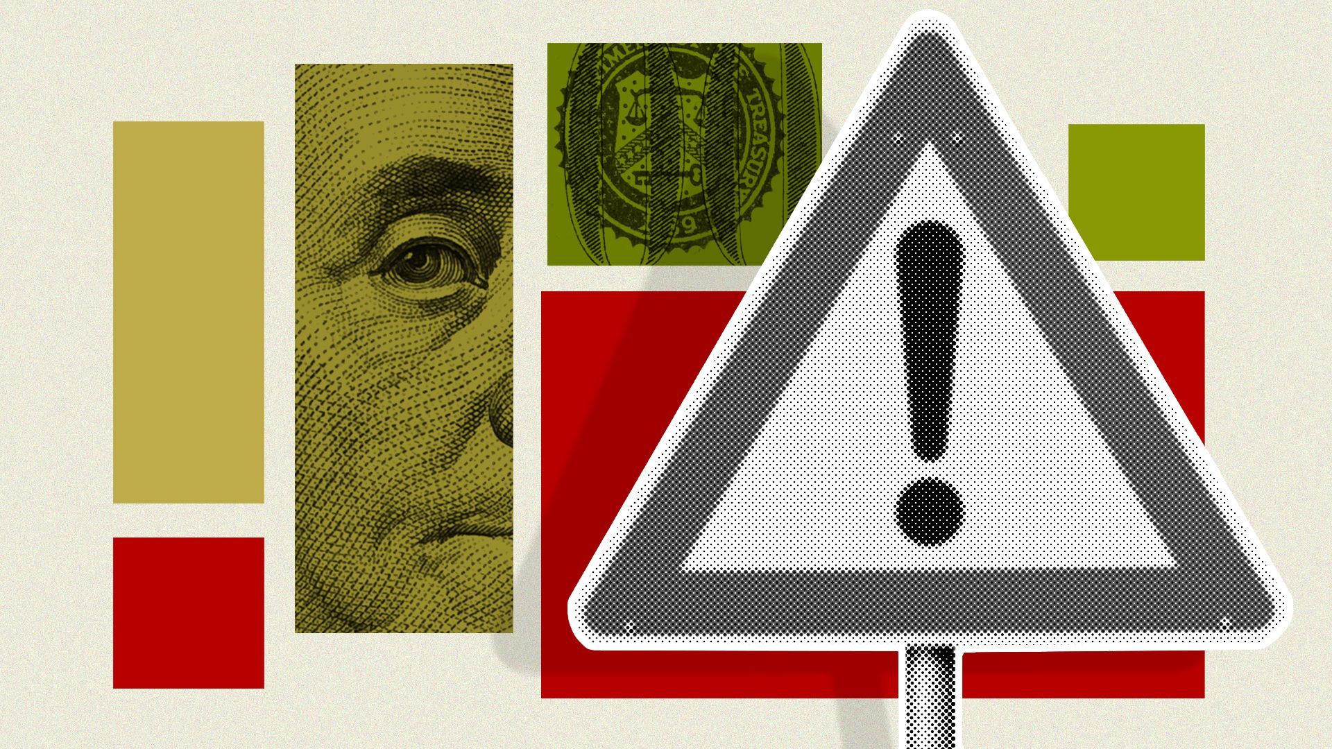 illustration of a caution sign surrounded by red and green rectangles with dollar bills overlaid on them