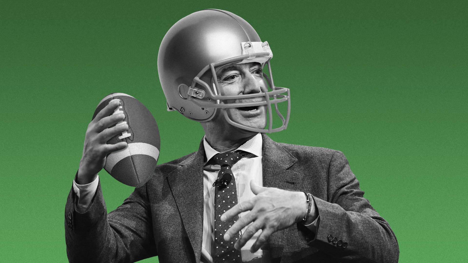 Photo Illustration Jeff Bezos wearing a football helmet and throwing a football