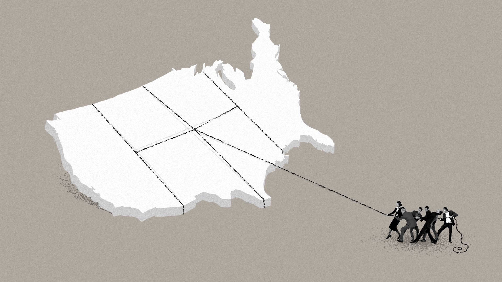 Illustration of people pulling up the United States with ropes. 