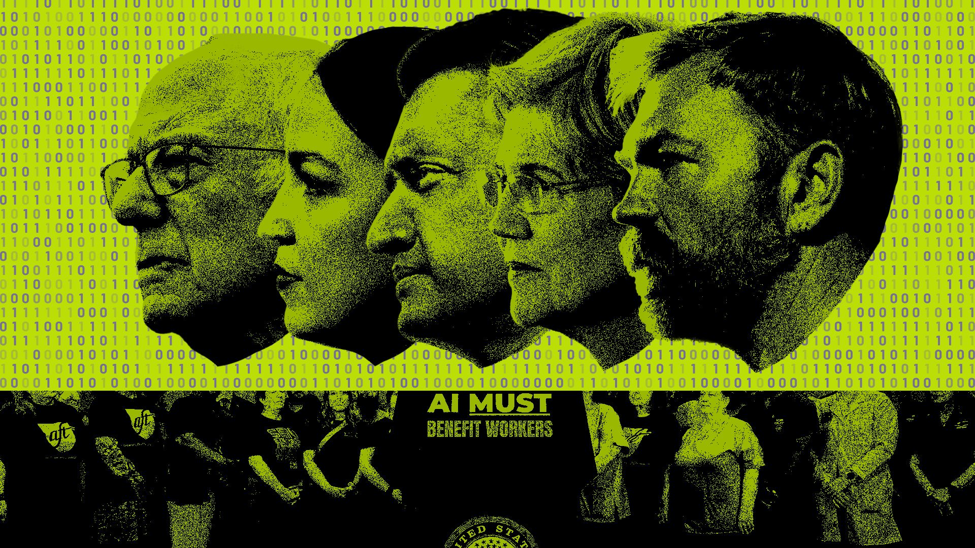 Photo illustrated collage of Bernie Sanders, AOC, Ro Khanna, Elizabeth Warren and Graham Platner stylized over a group of people standing behind a sign that reads "AI must benefit workers."