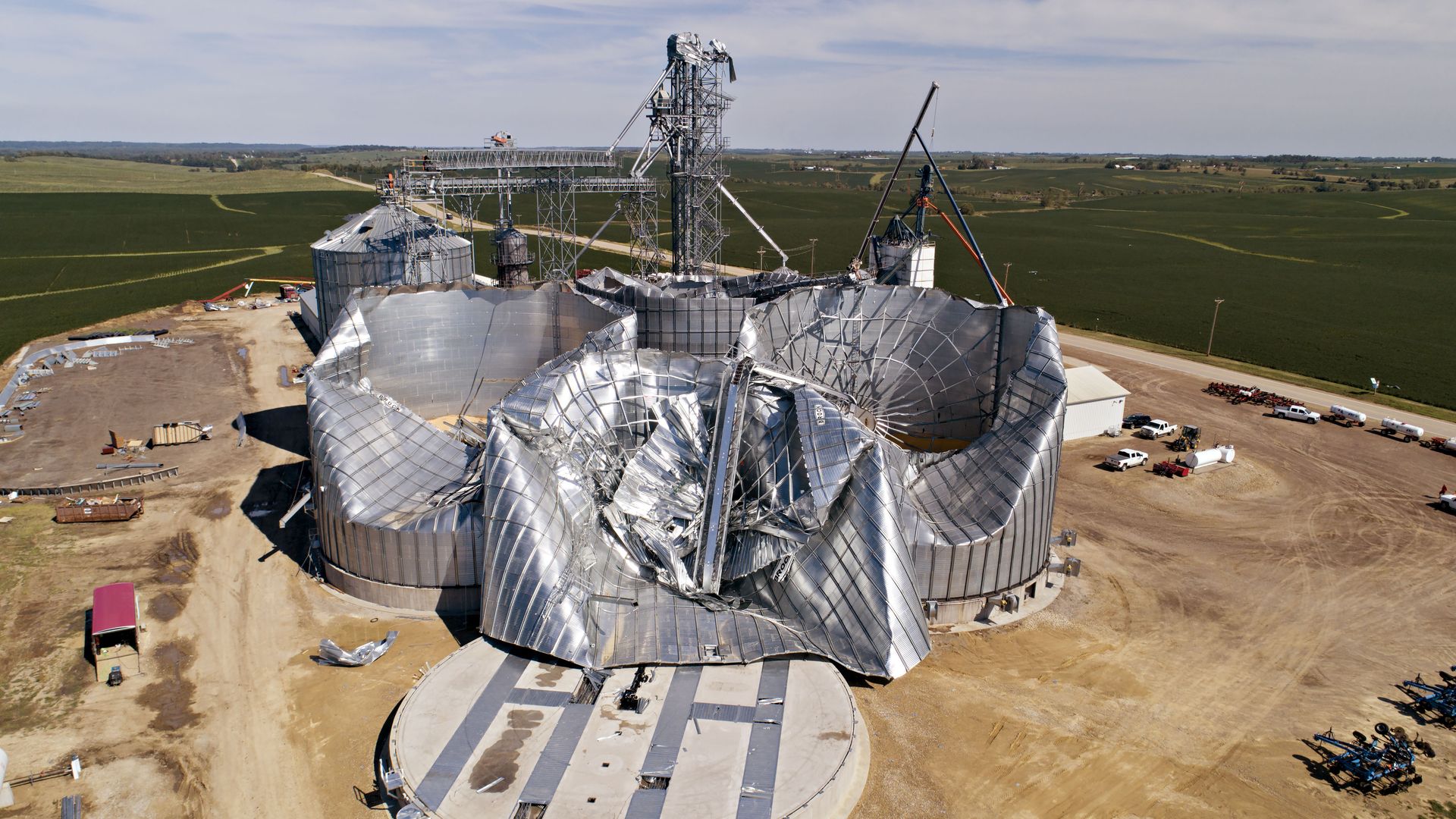 Grain bins damaged from the derecho in Marshalltown, Iowa, in August.