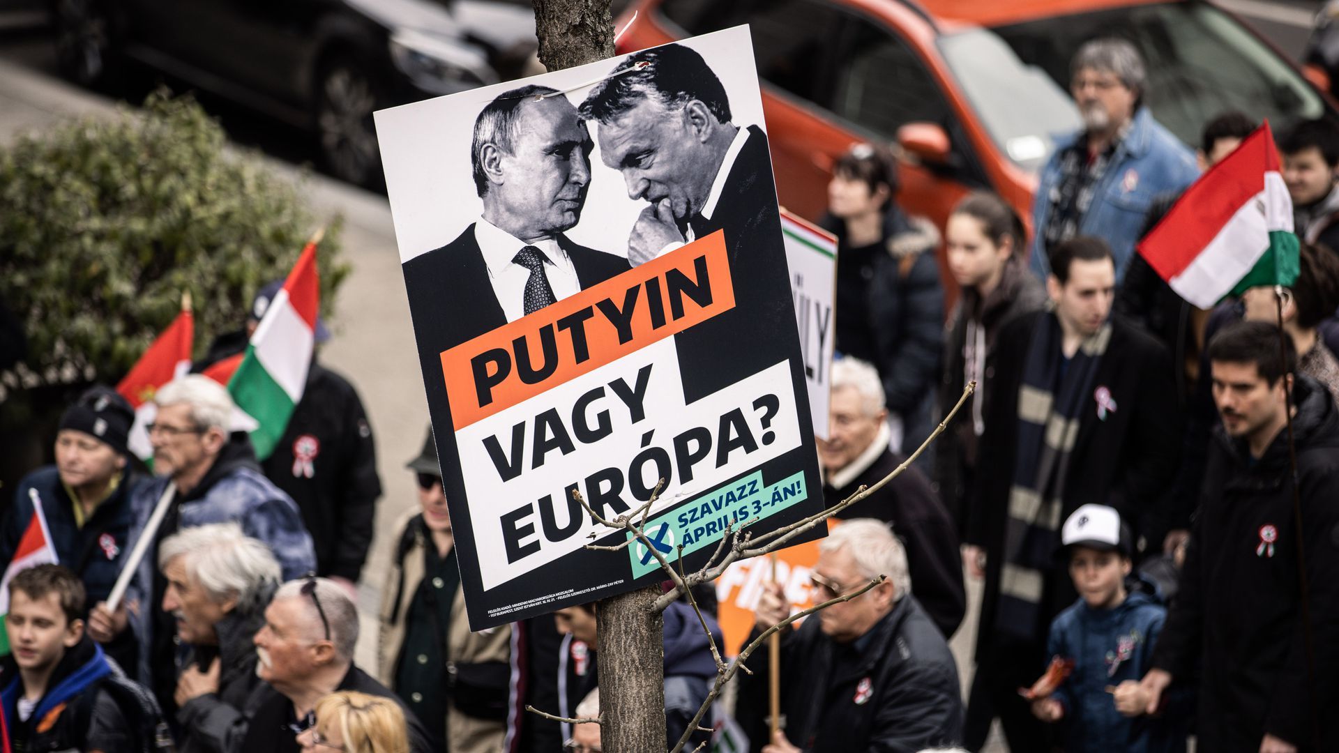 A poster depicting Russian President Vladimir Putin and Hungry Prime Minister Viktor Orbánime minister, during a Fidesz party freedom march in Budapest, Hungary, on Tuesday, March 15, 2022.