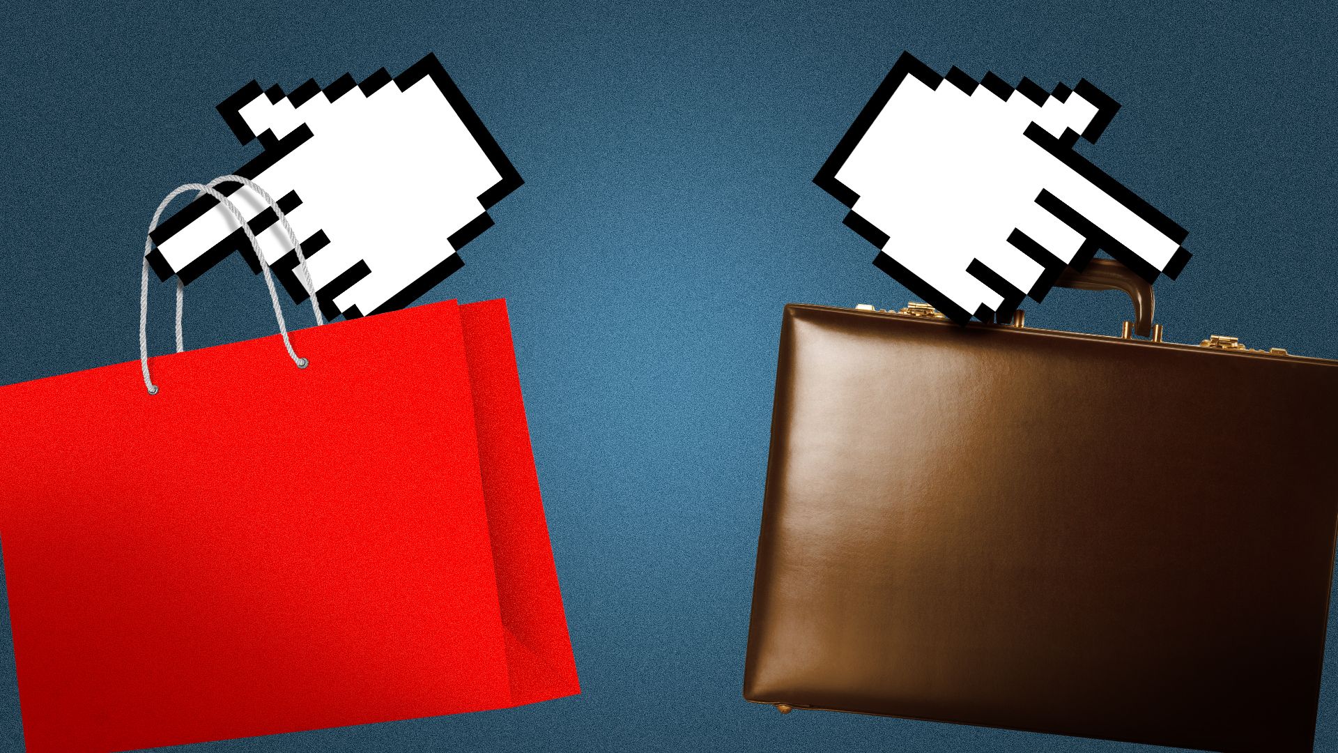 Illustration of a cursor holding a shopping bag and a cursor holding a briefcase