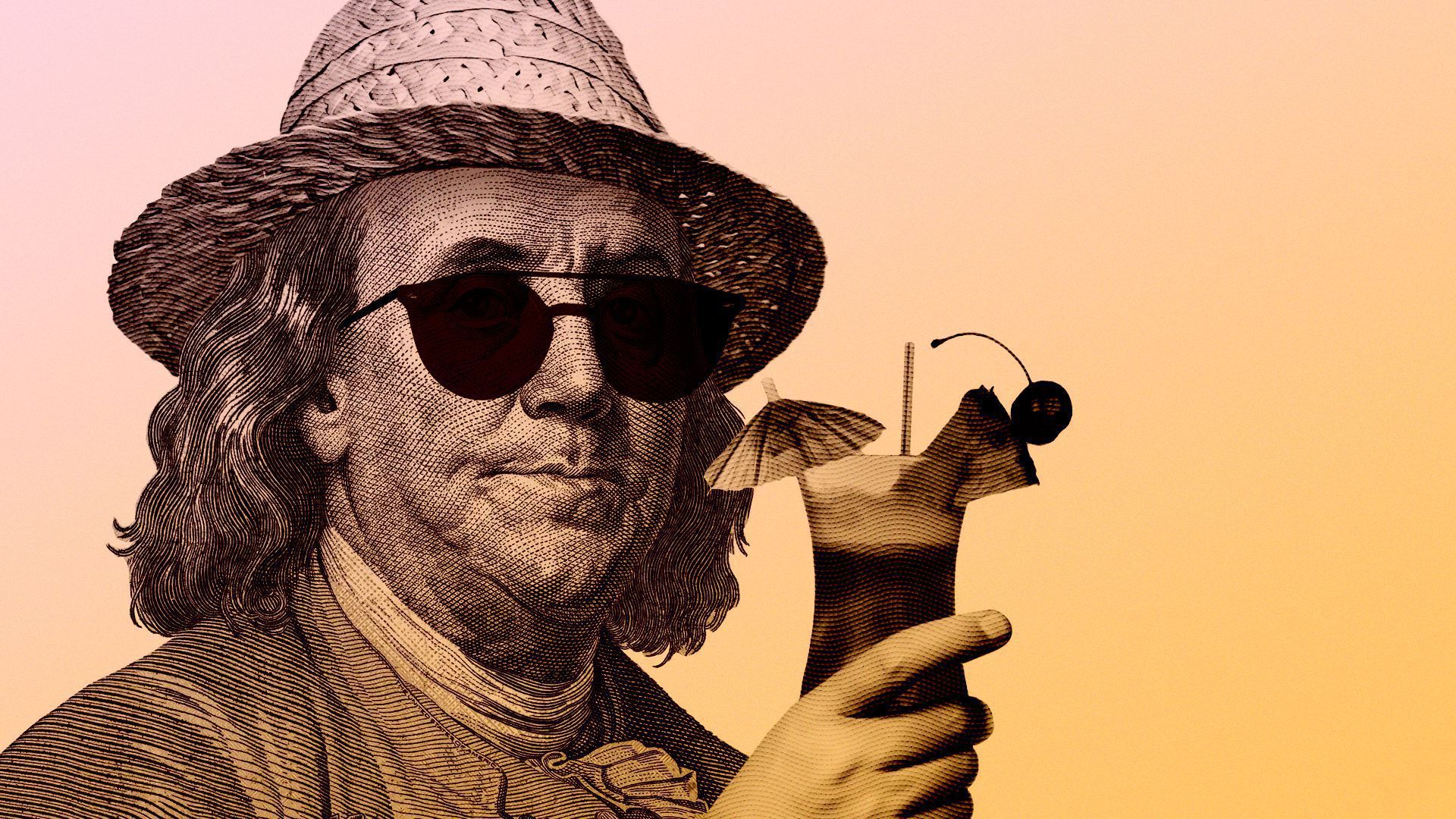 illustration of Ben Franklin wearing a hat and sunglasses sipping on a tropical drink