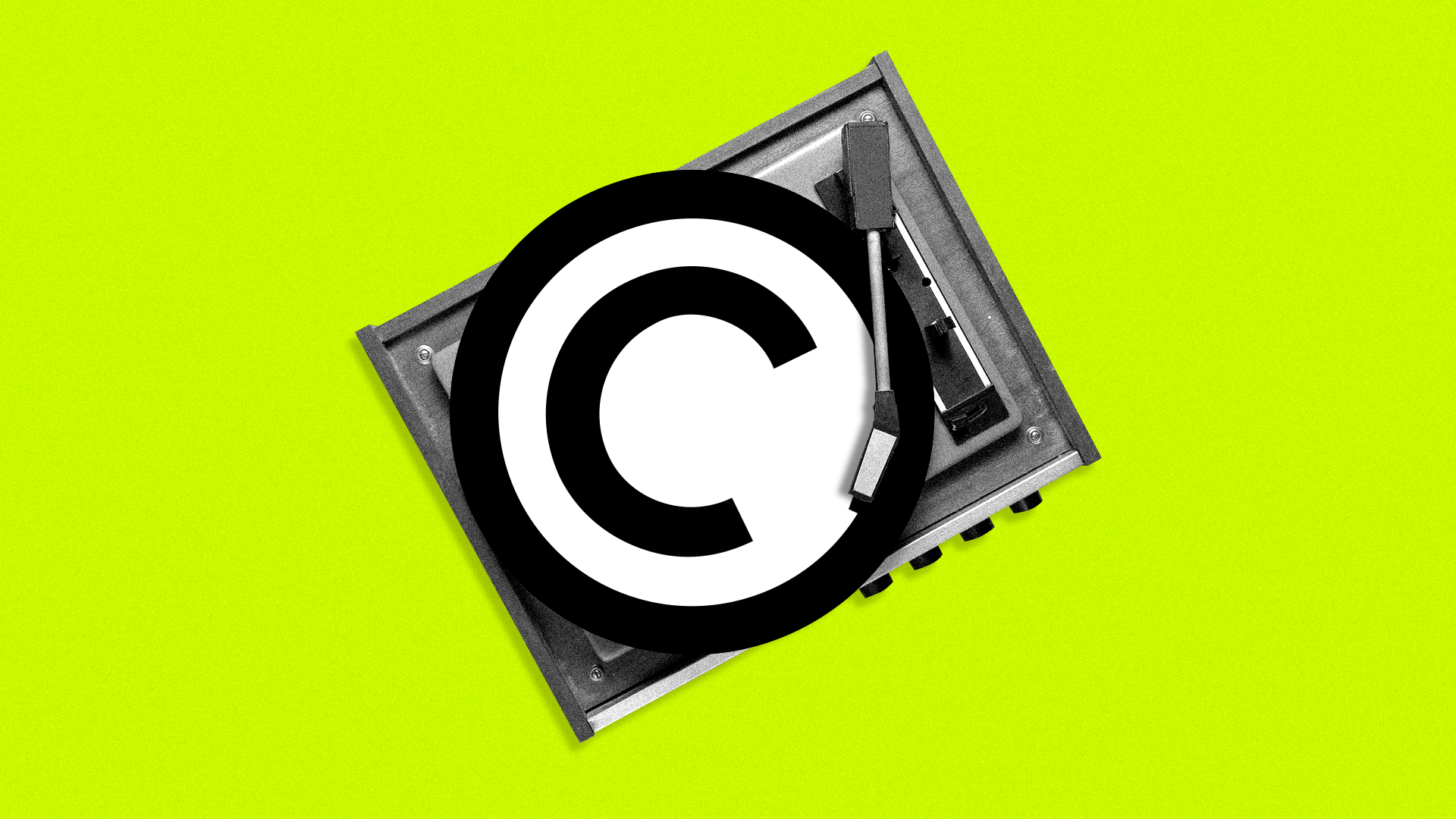 Animated illustration of a copyright symbol as a vinyl playing on a record player.