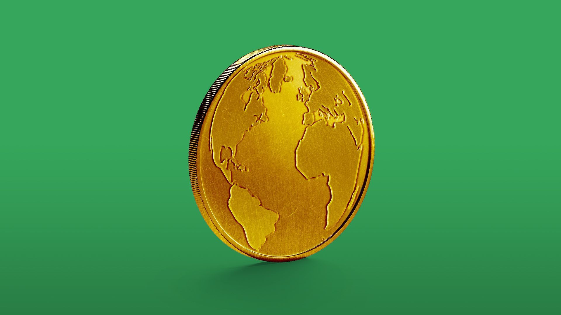 Illustration of a golden coin with an emboss of the Earth on it.  