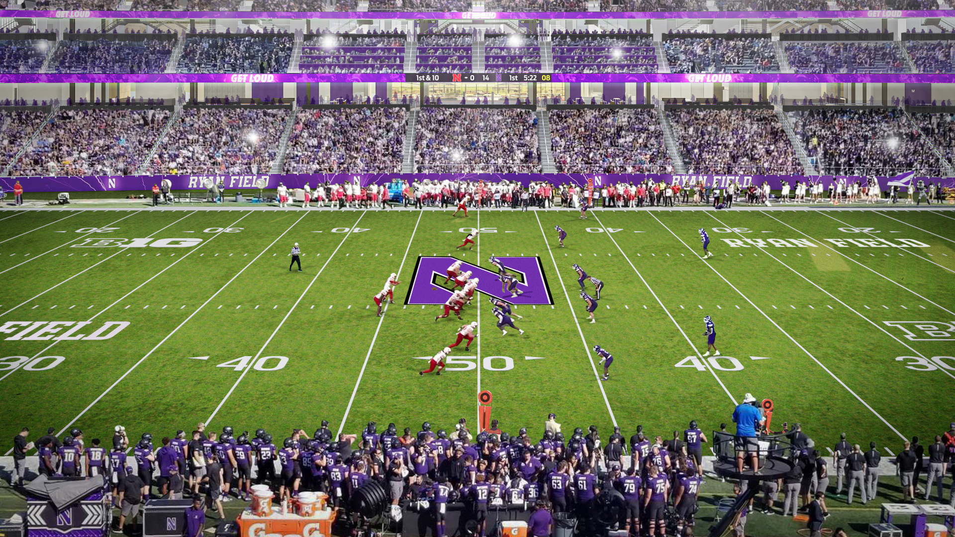 Rendering of a football game being played inside a stadium 
