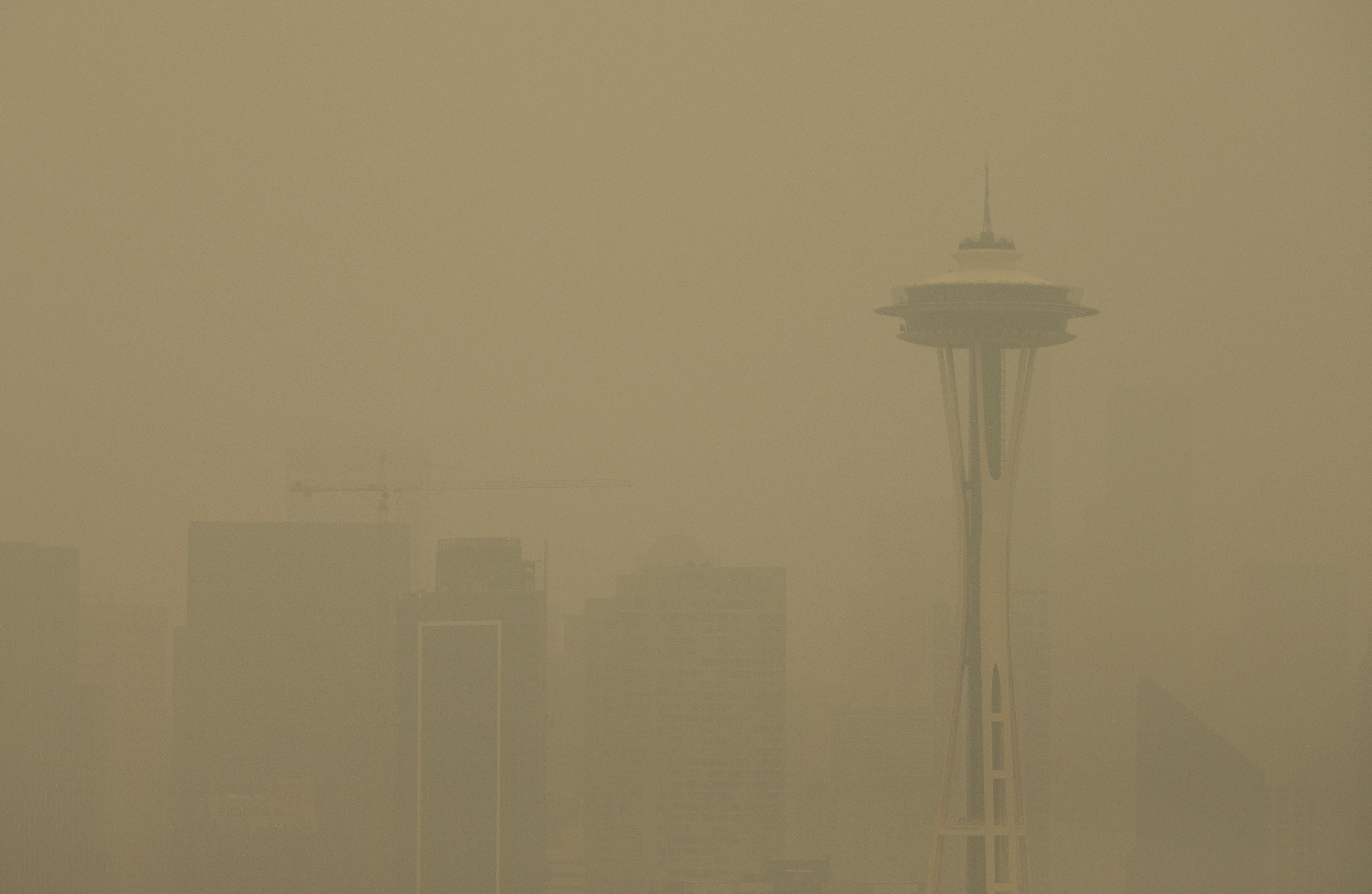 Smoke from wildfires obscure the Space Needle and the Seattle skyline on September 12, 2020 in Seattle, Washington