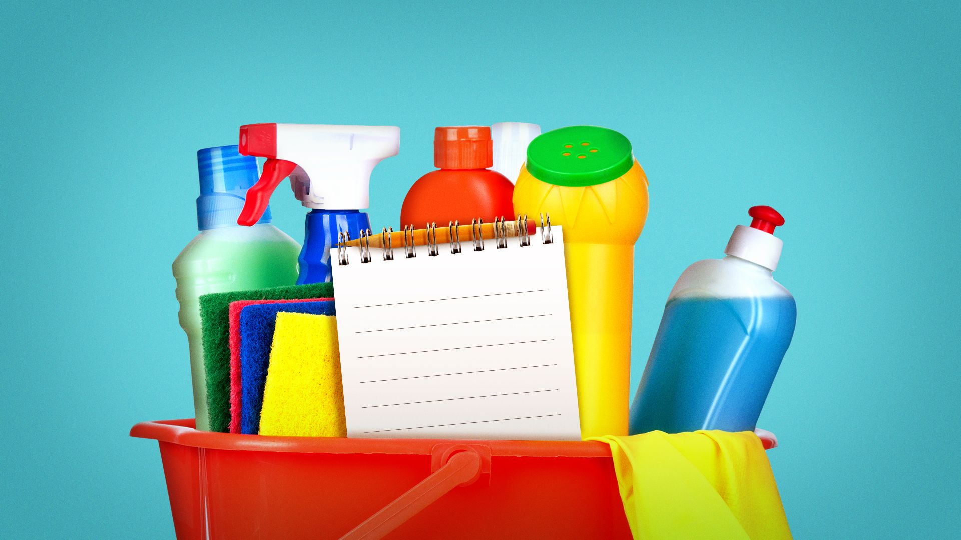 Illustration of a cleaning bucket full of supplies and a notebook.