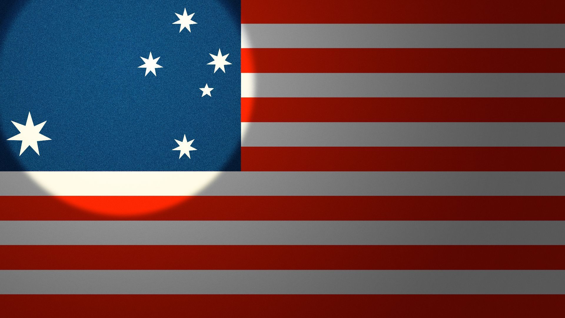 Illustration of the stripes of an American flag, with the Southern Cross from the Australian flag in place of the 50 stars. A spotlight is on the Southern Cross. 