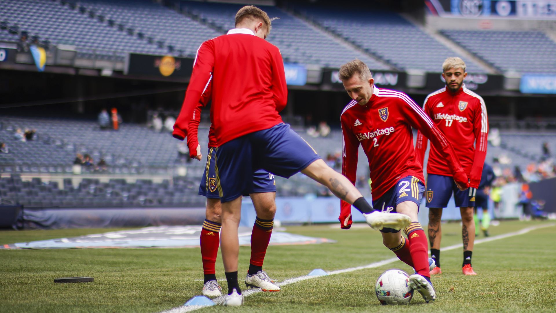 Real Salt Lake players warm up before their MLS soccer match against New York City FC at the Yankee Stadium Sunday, April 17, 2022, in New York.