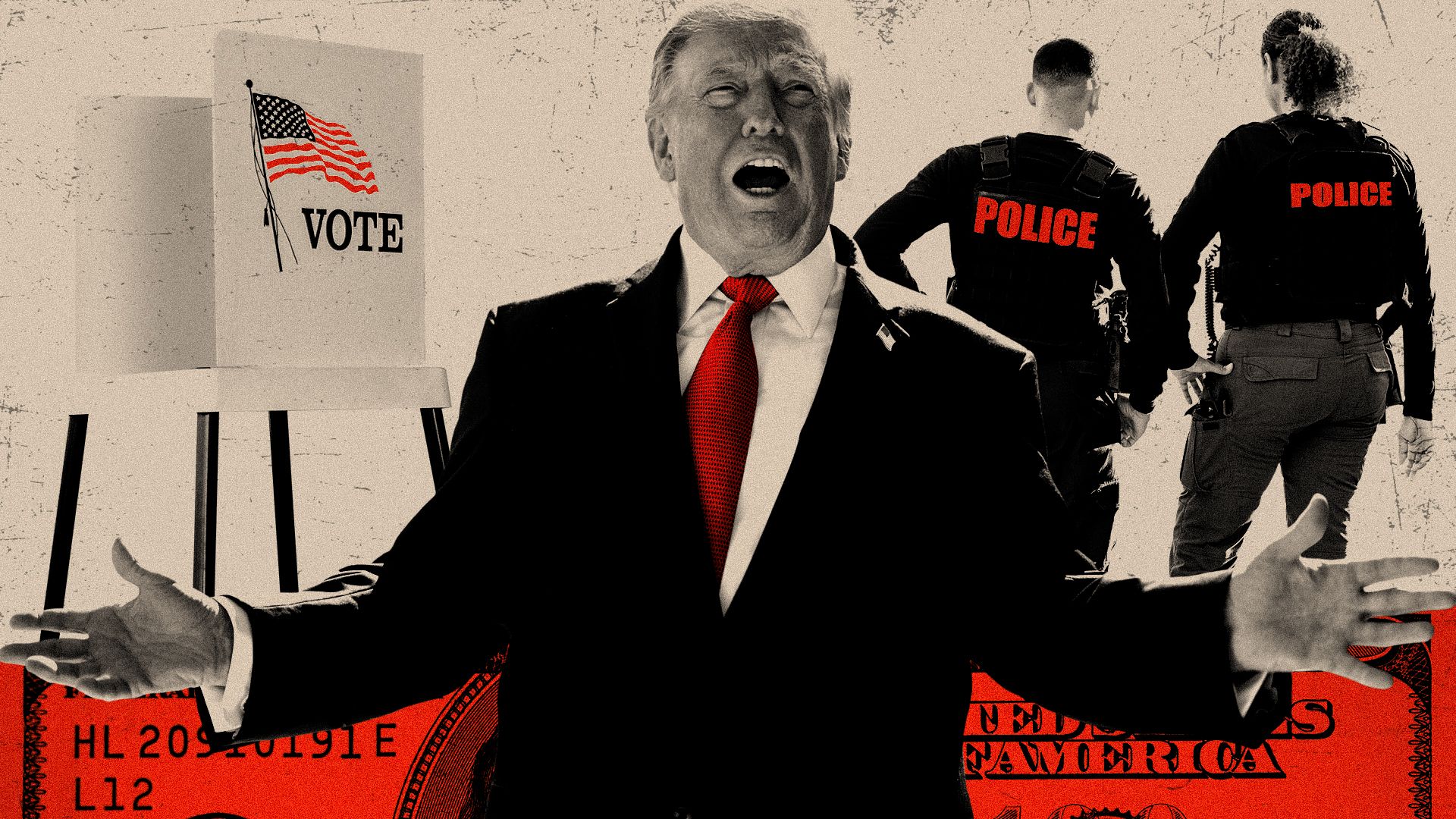 Photo illustration of President Donald Trump with a voting both, police officers, and US currency