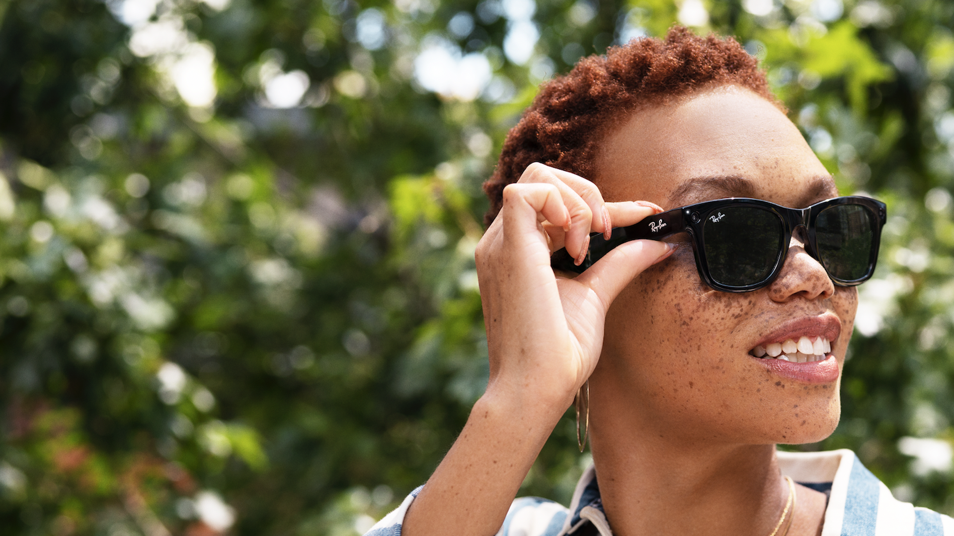A person wearing the Facebook-powered Ray-Ban Stories sunglasses.