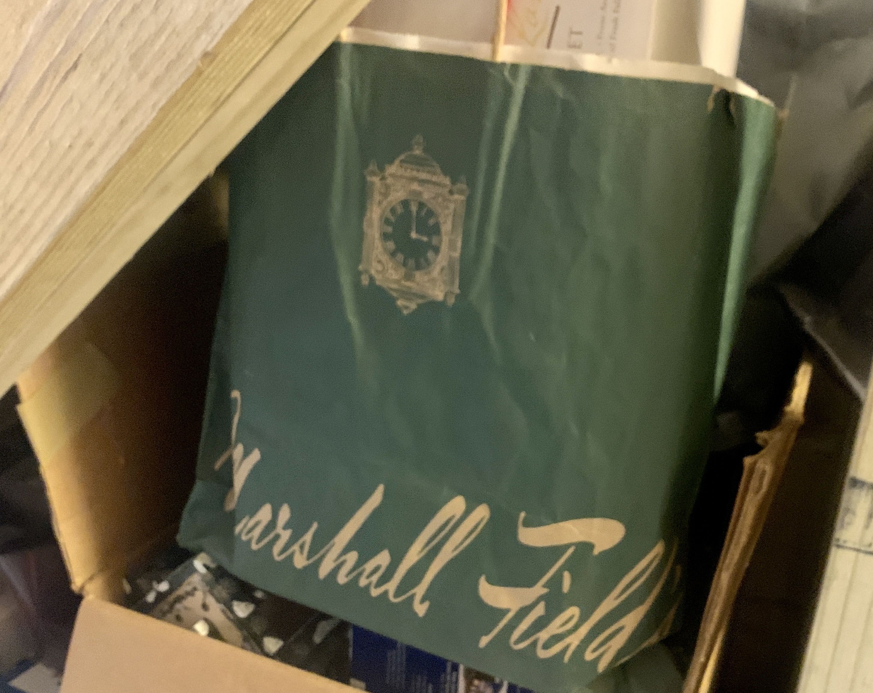A green paper bag that reads Marshall Fields in brown.