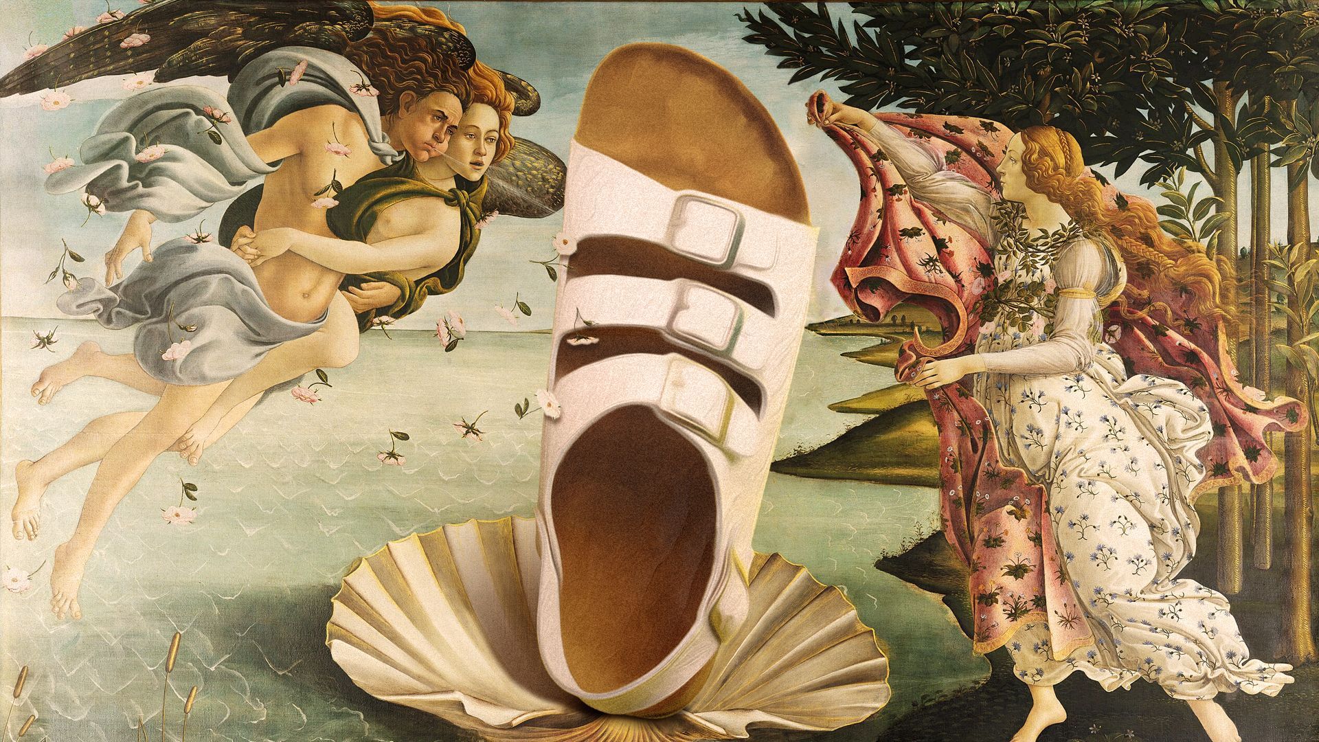 Illustration of the painting The Birth of Venus by Botticelli with a Birkenstock sandal in place of Venus