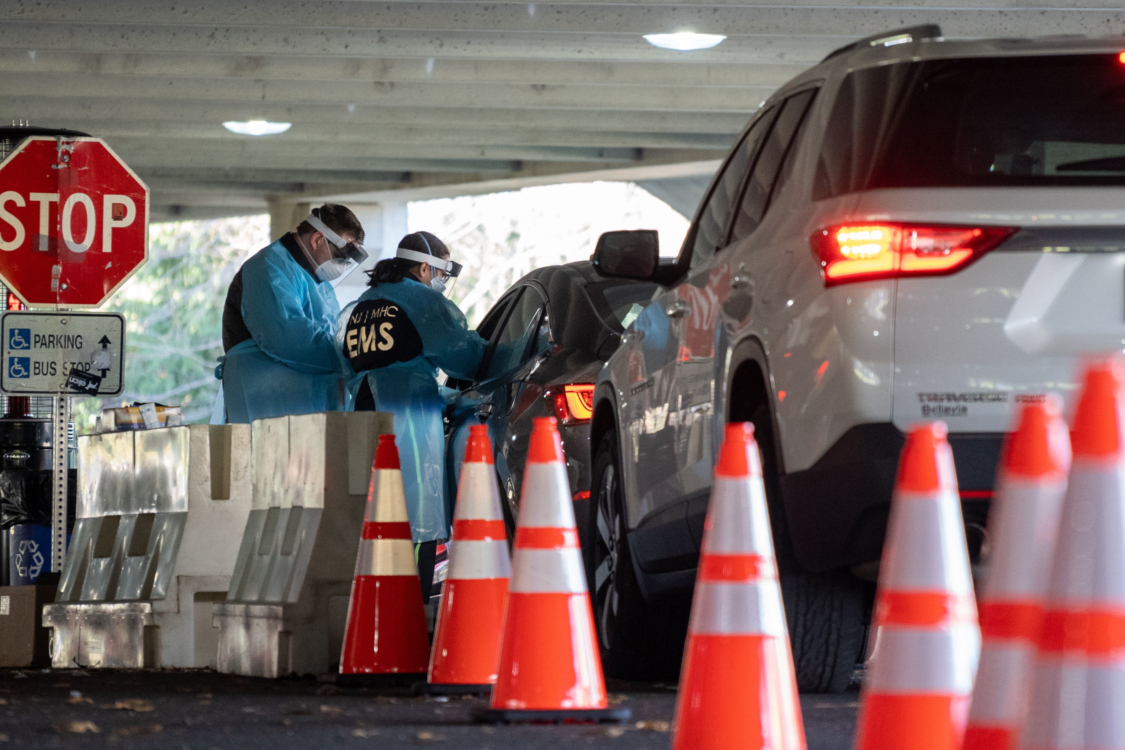A COVID test site in a parking lot at Bergen Community College run by Bergen County and the Bergen New Bridge Medical center on December 3, 2020 in Paramus, New Jersey. 